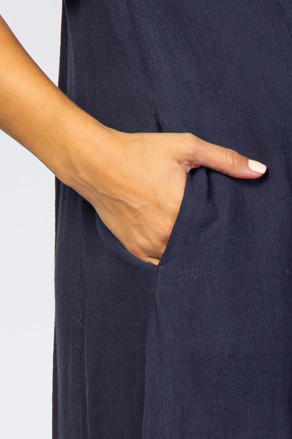 Navy Frayed Trim Back Keyhole Linen Maternity Dress - Image 4
