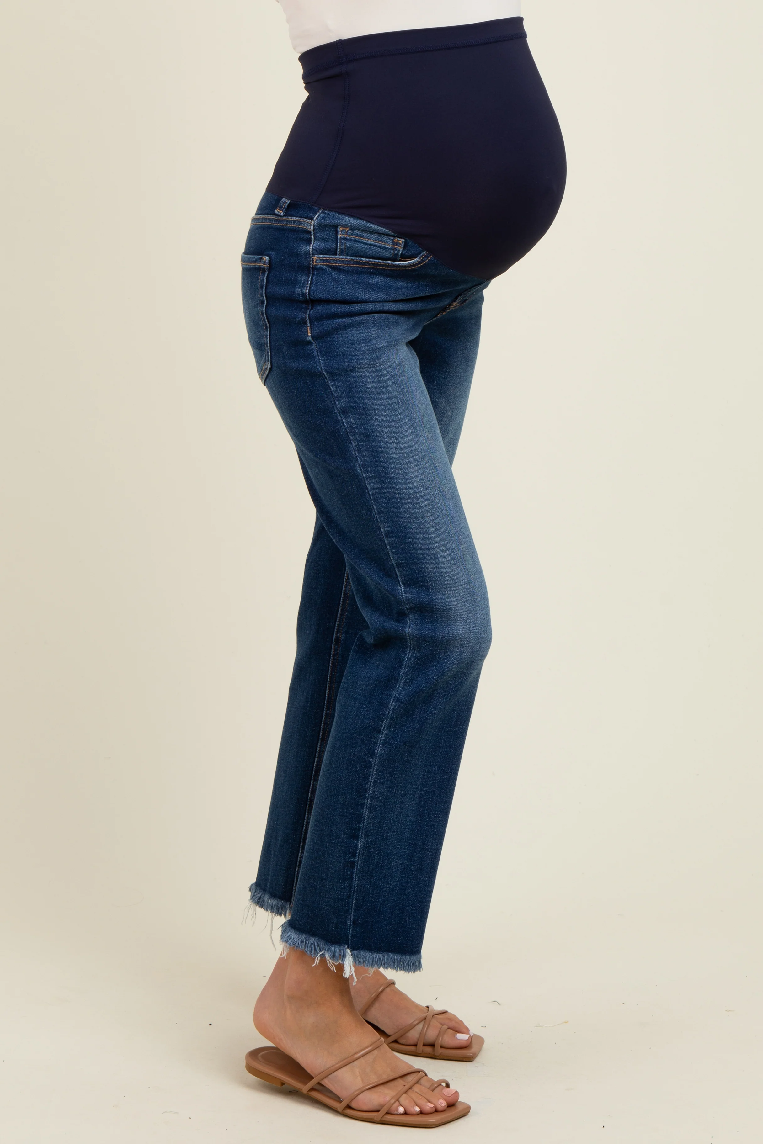 Navy Fringe Hem Cropped Straight Leg Maternity Jeans - Image 4