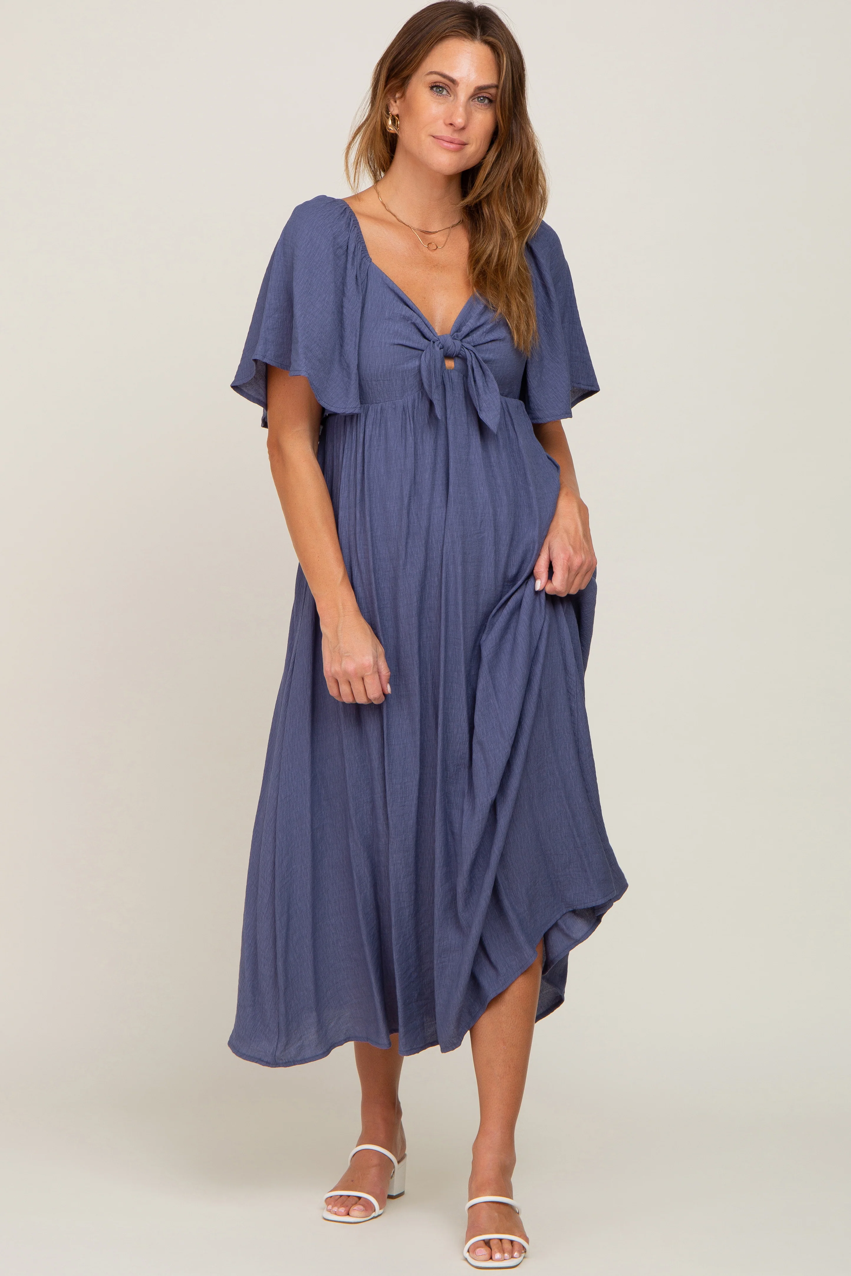 Navy Front Tie Ruffle Sleeve Maternity Midi Dress - Image 7