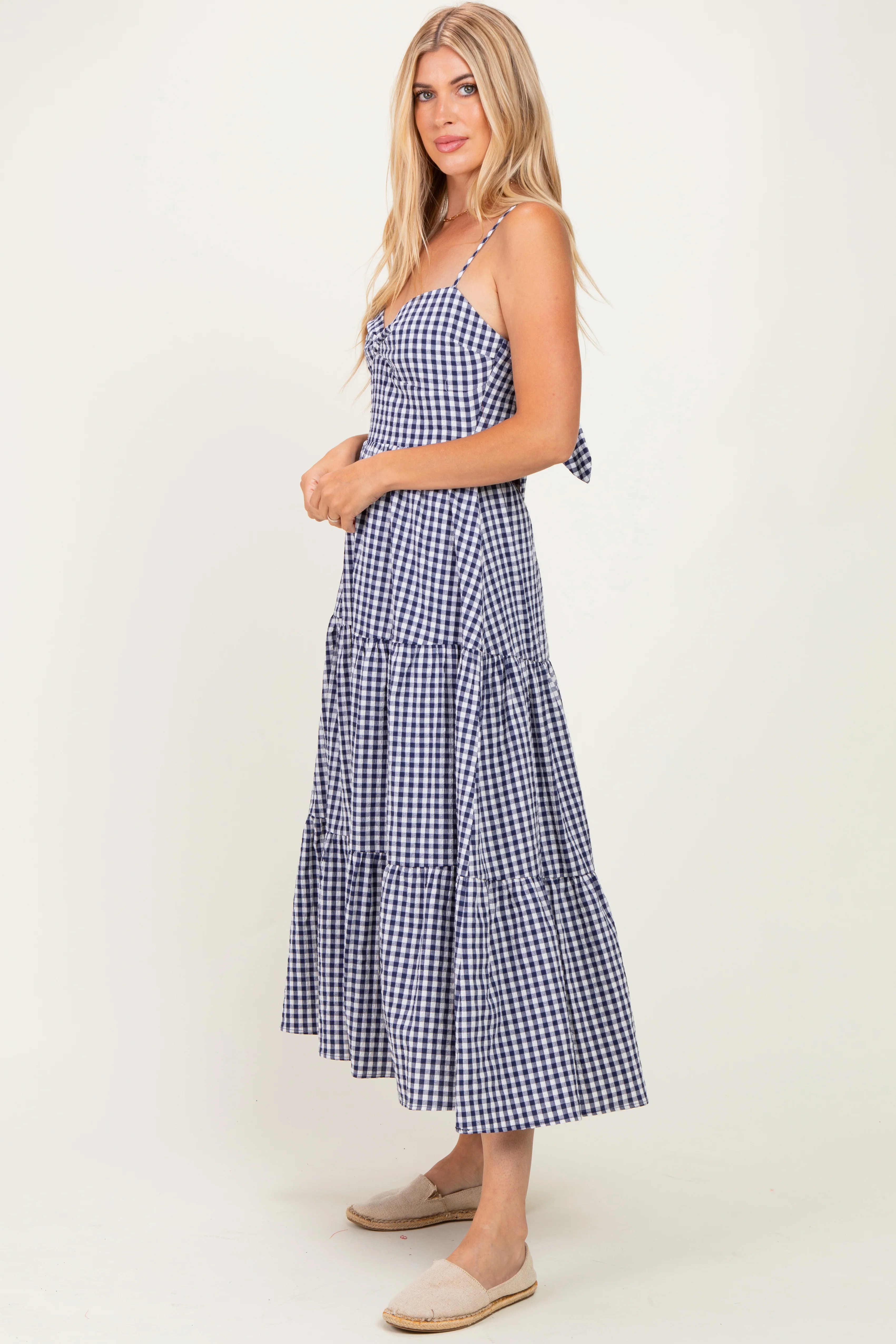 Navy Gingham Cutout Tie Back Tiered Maxi Dress - Image 2