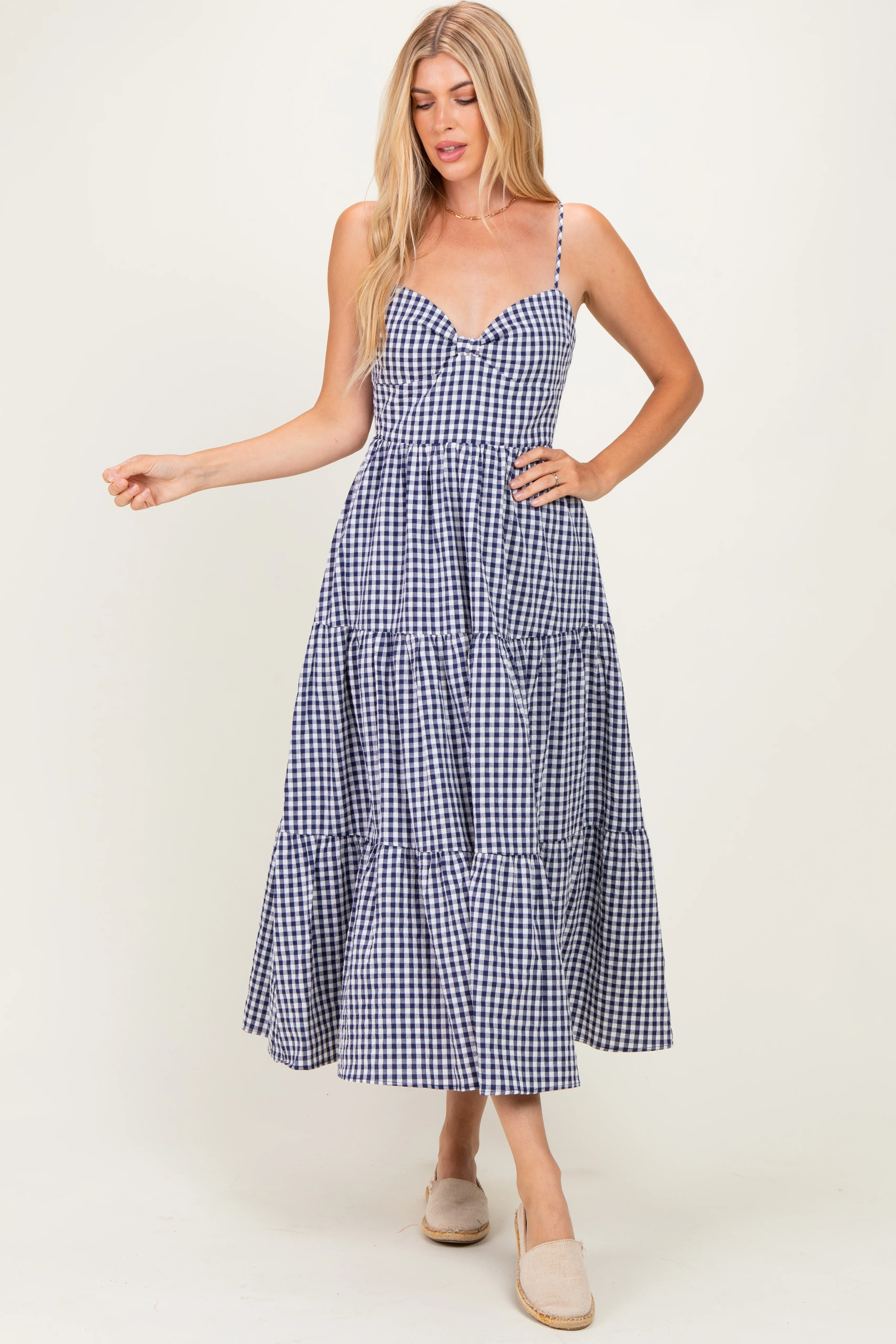 Navy Gingham Cutout Tie Back Tiered Maxi Dress - Image 4