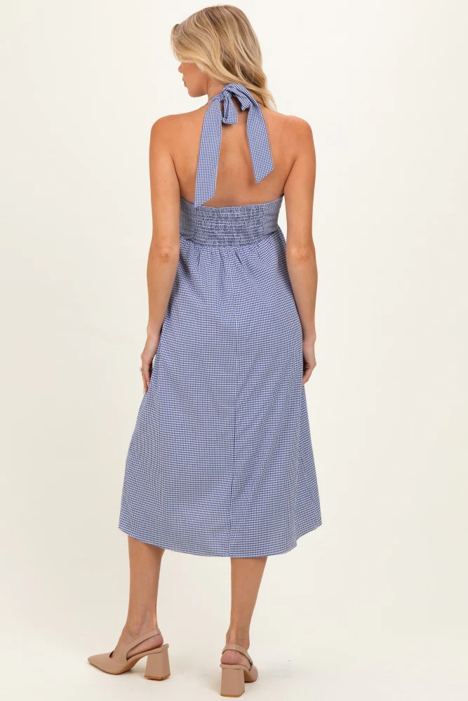Navy Gingham Halter Neck Maternity Midi Dress - Image 3