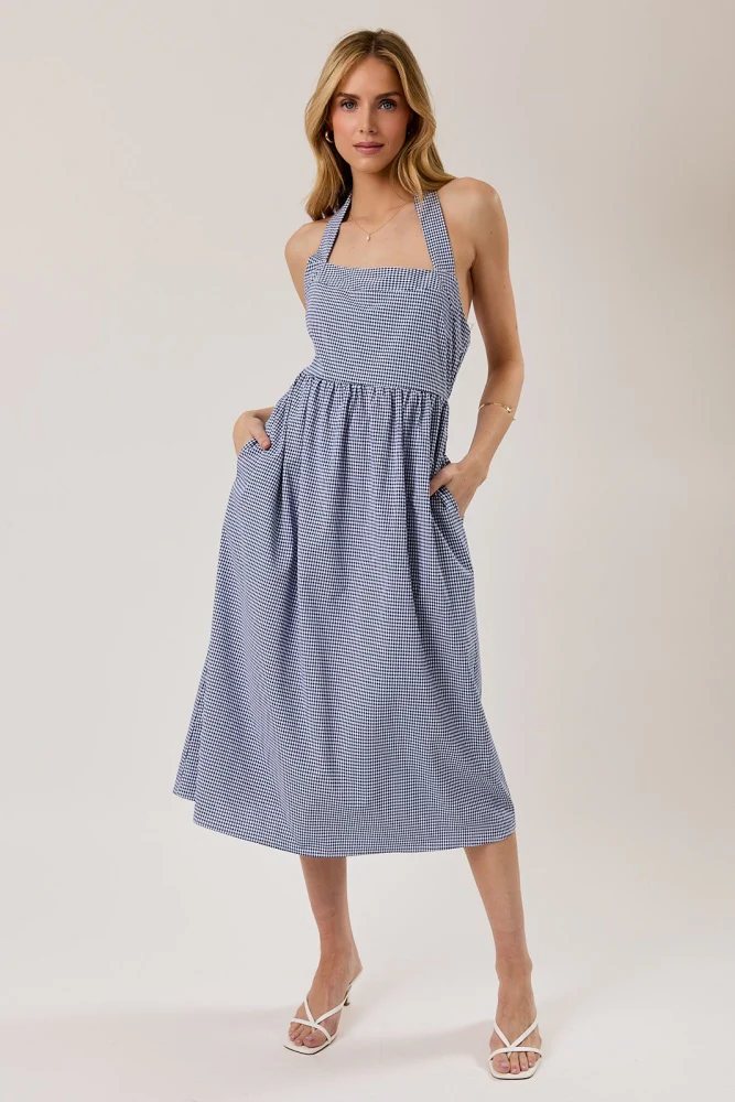 Navy Gingham Halter Neck Maternity Midi Dress - Image 4