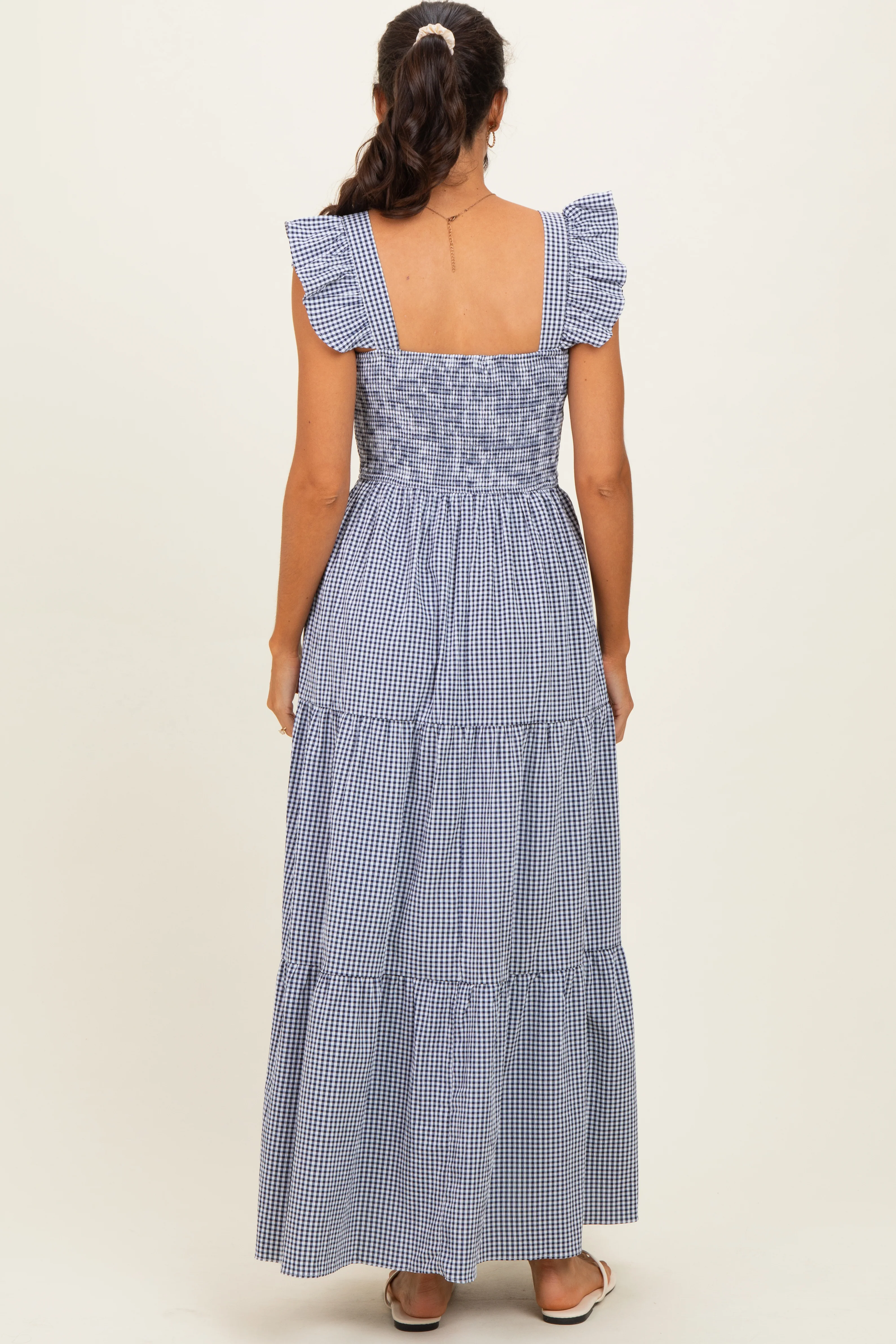 Navy Gingham Ruffle Strap Smocked Maxi Dress - Image 3