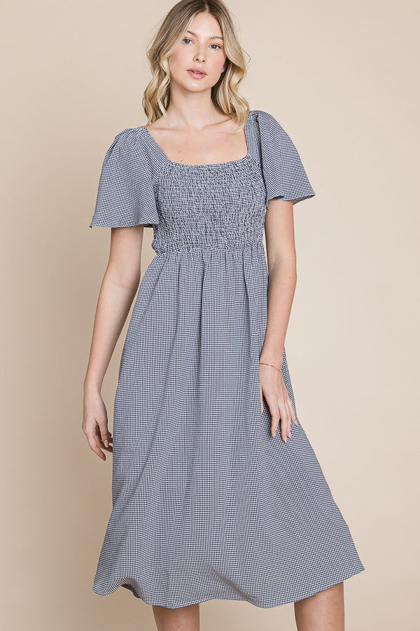 Navy Gingham Smocked Midi Dress - Image 3