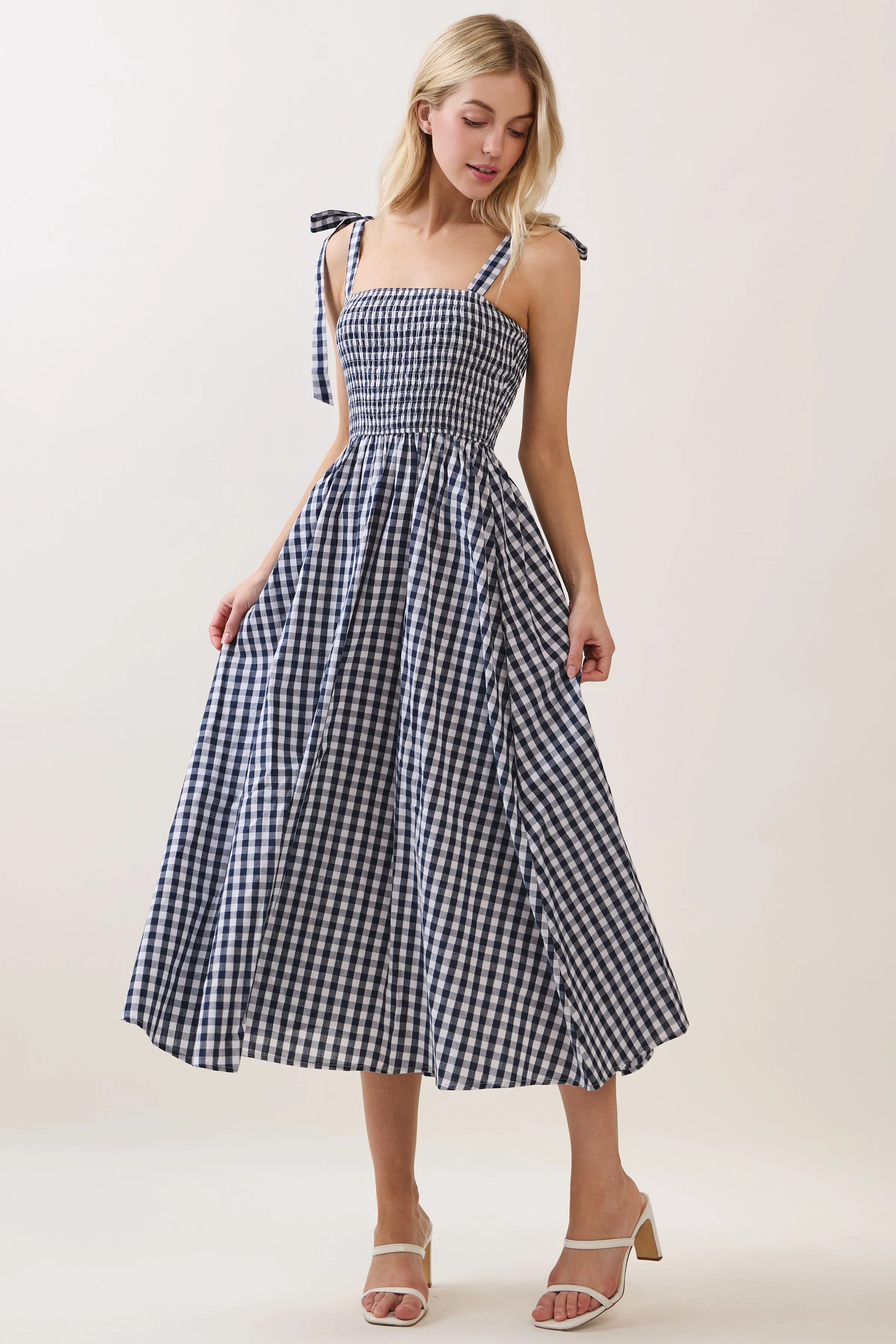 Navy Gingham Smocked Shoulder Tie Maternity Midi Dress - Image 4