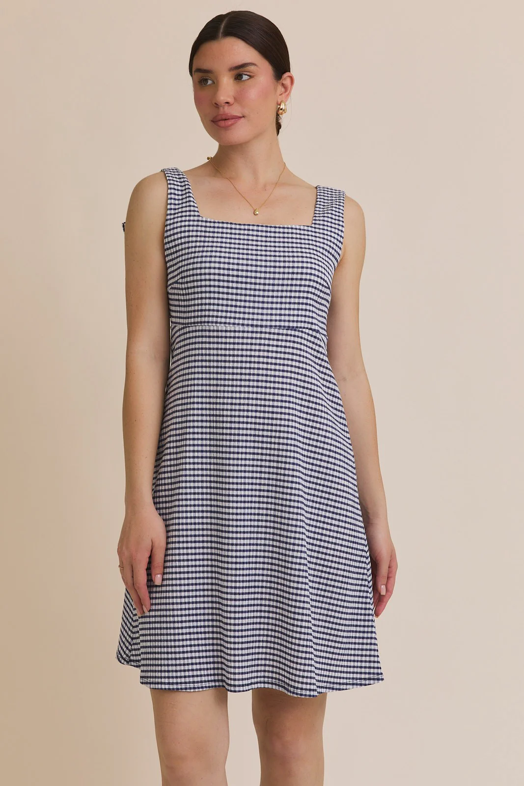 Navy Gingham Square Neck Bow Strap Maternity Dress - Image 3