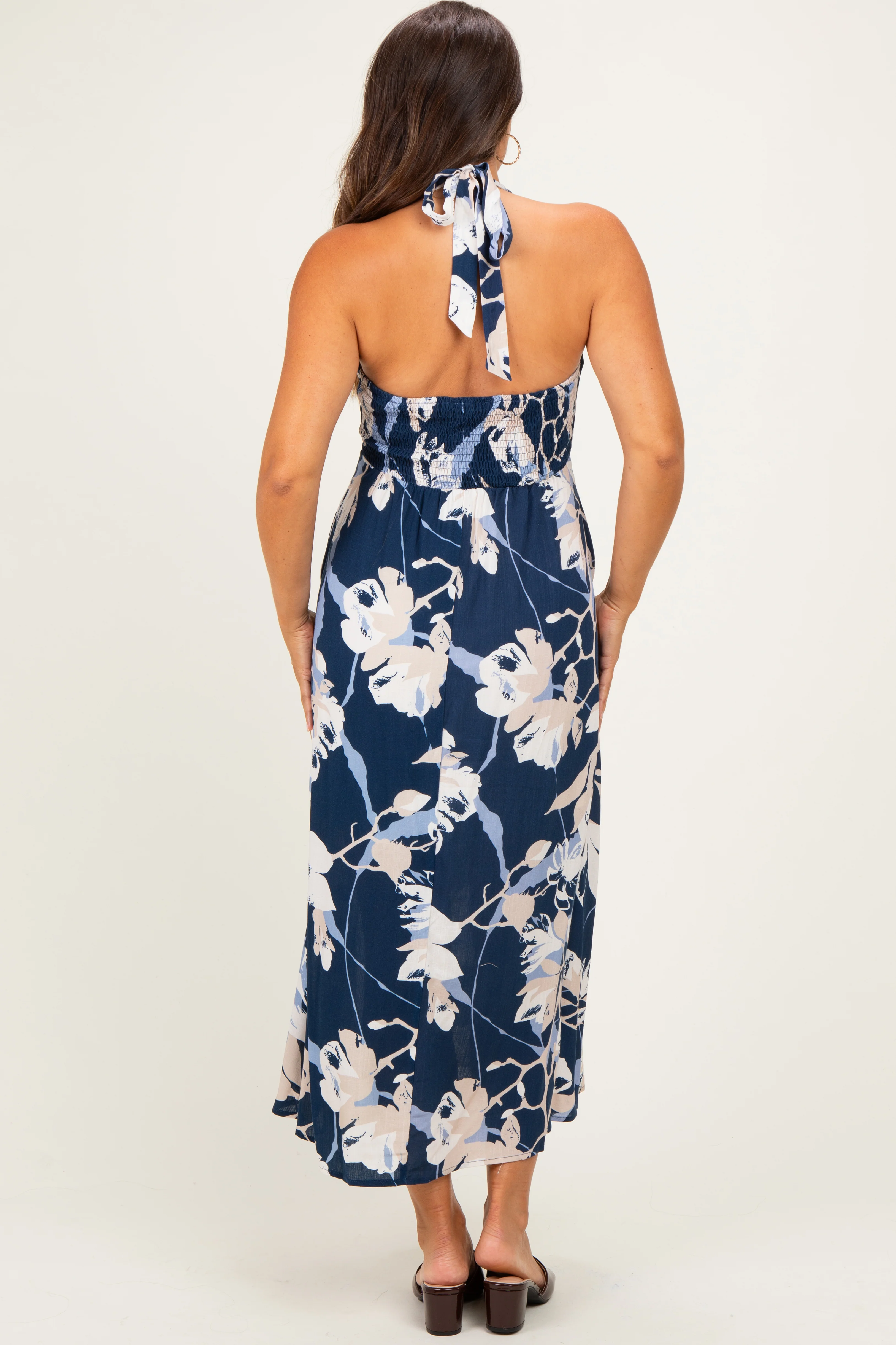 Navy Halter Neck Open Back Maternity Midi Dress - Image 3