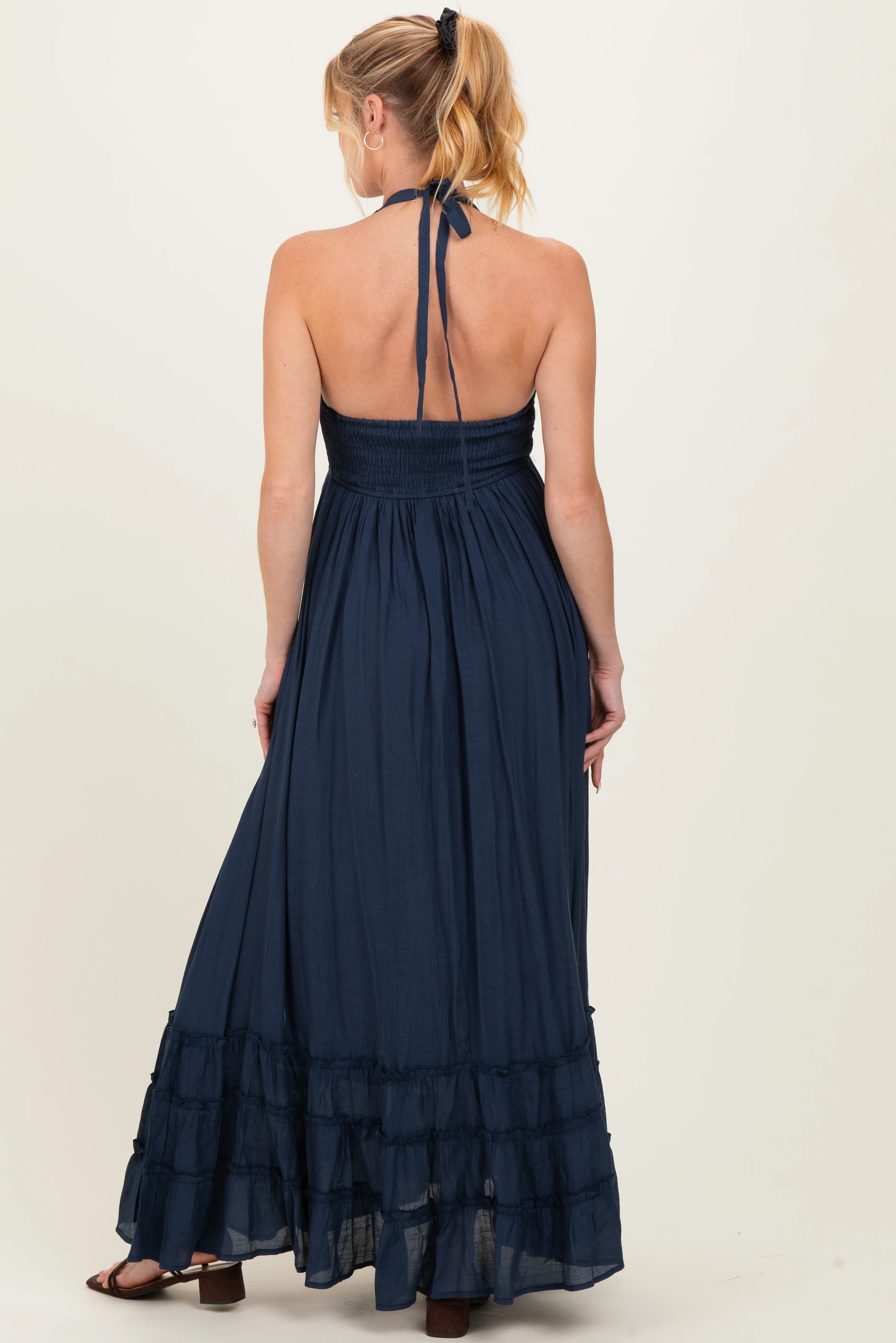Navy Halter Neck Smocked Maternity Maxi Dress - Image 3