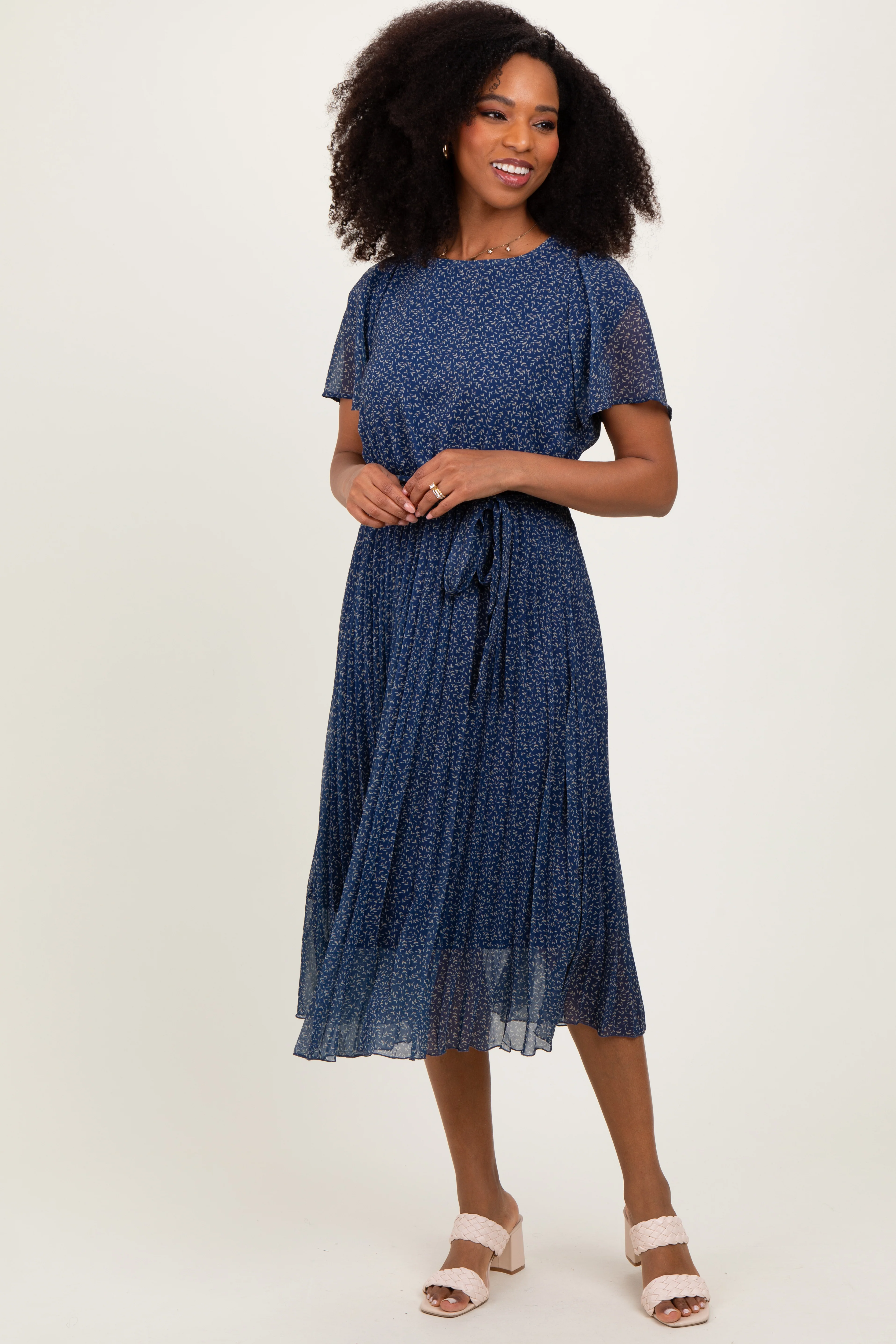 Navy Leaf Print Pleated Maternity Midi Dress - Image 5
