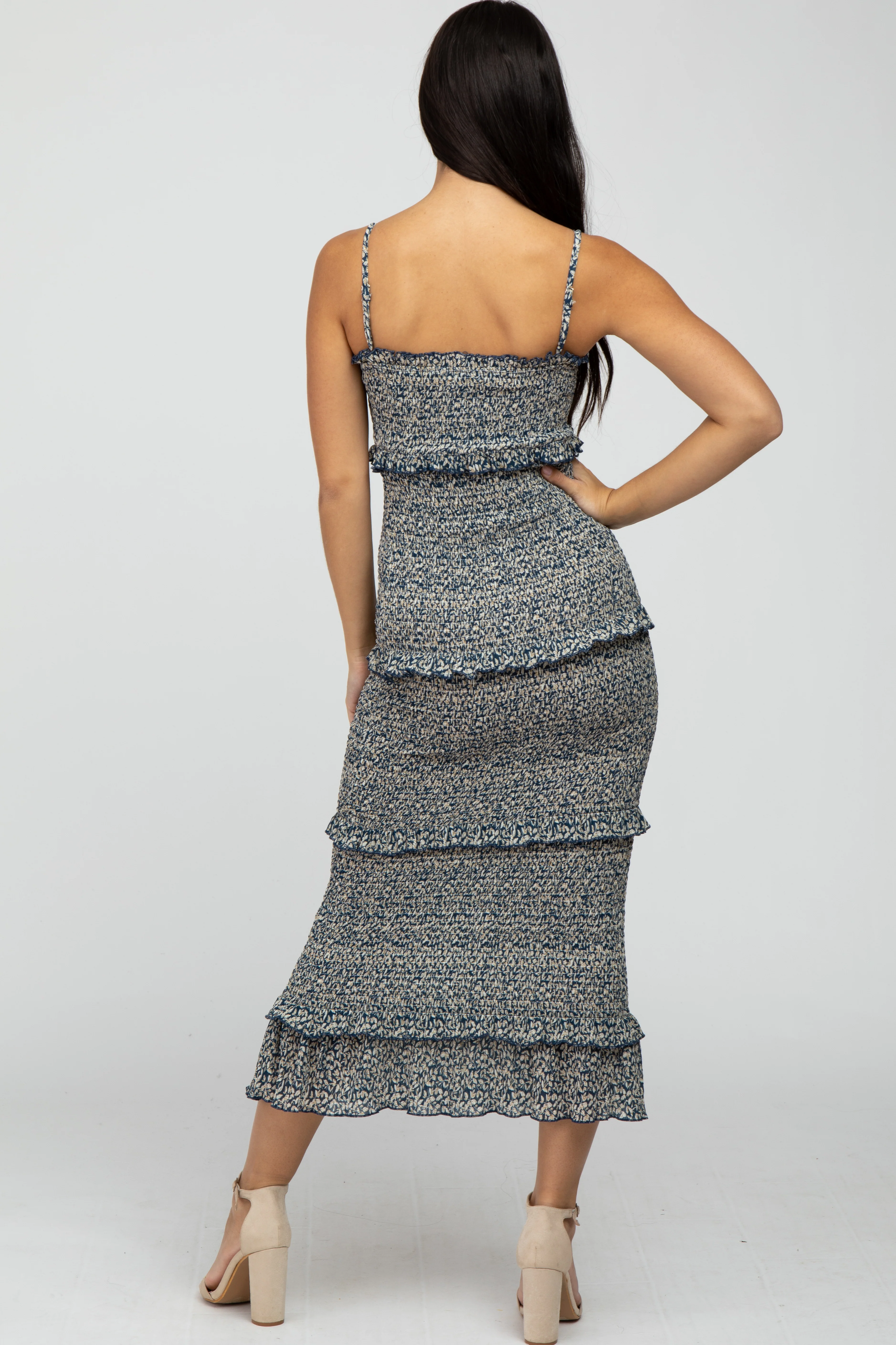 Navy Leaf Print Smocked Fitted Midi Dress - Image 3