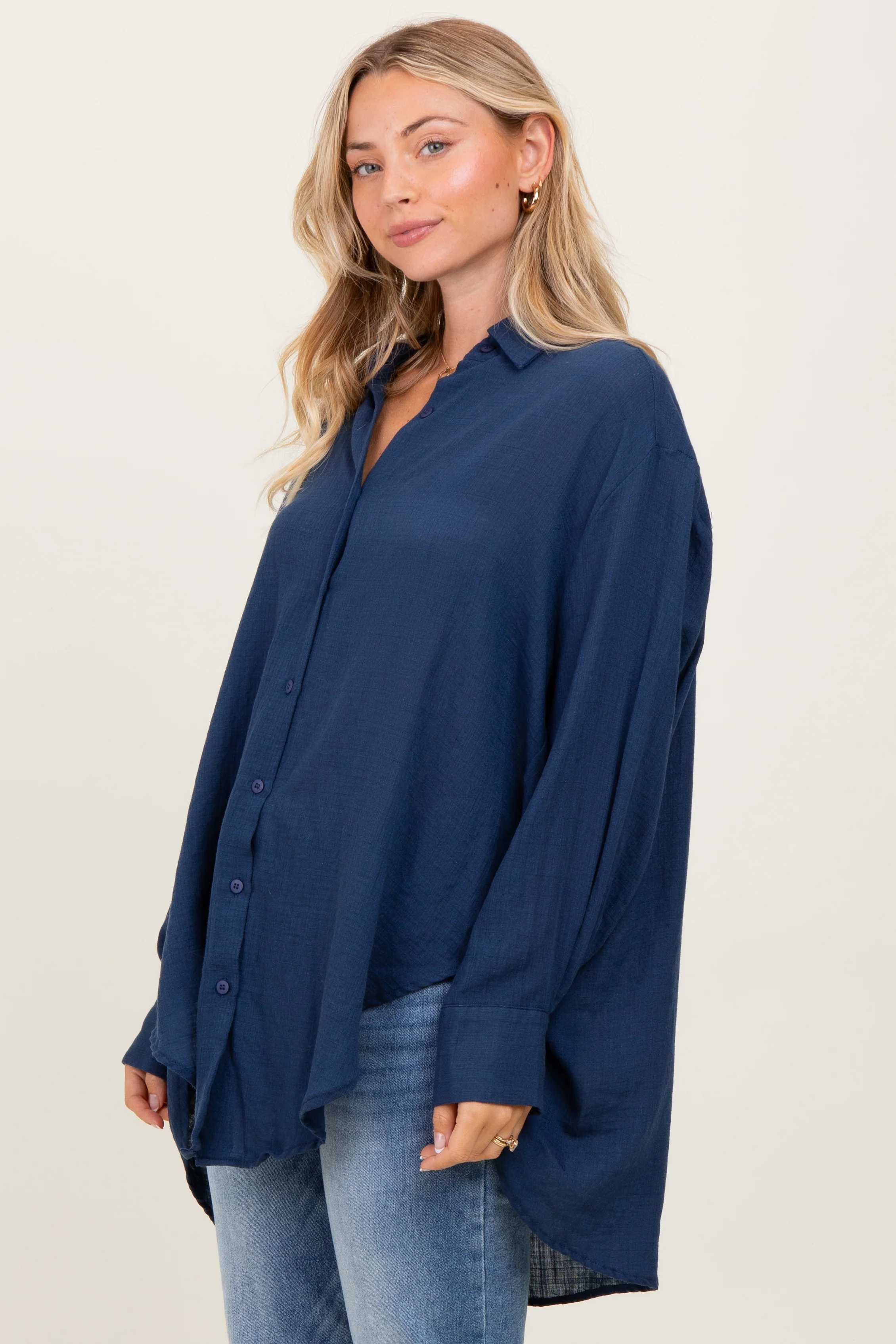 Navy Lightweight Sheer Button Down Blouse - Image 3