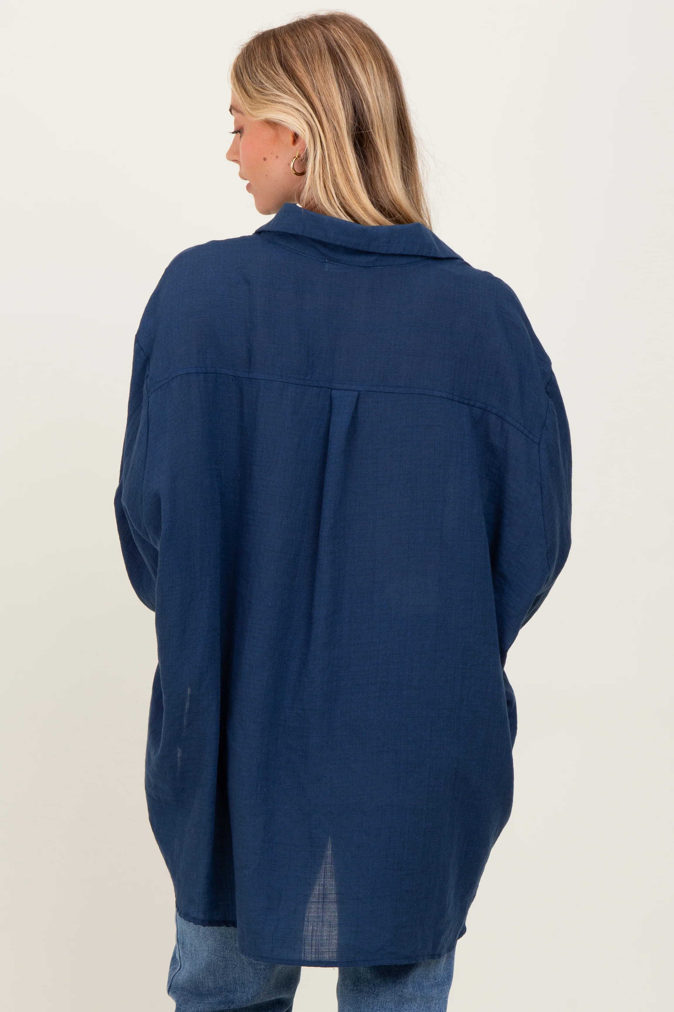 Navy Lightweight Sheer Button Down Blouse - Image 4