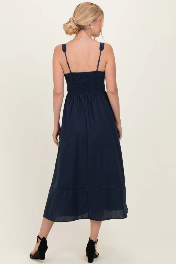 Navy Linen Blend Sleeveless Midi Dress - Image 3