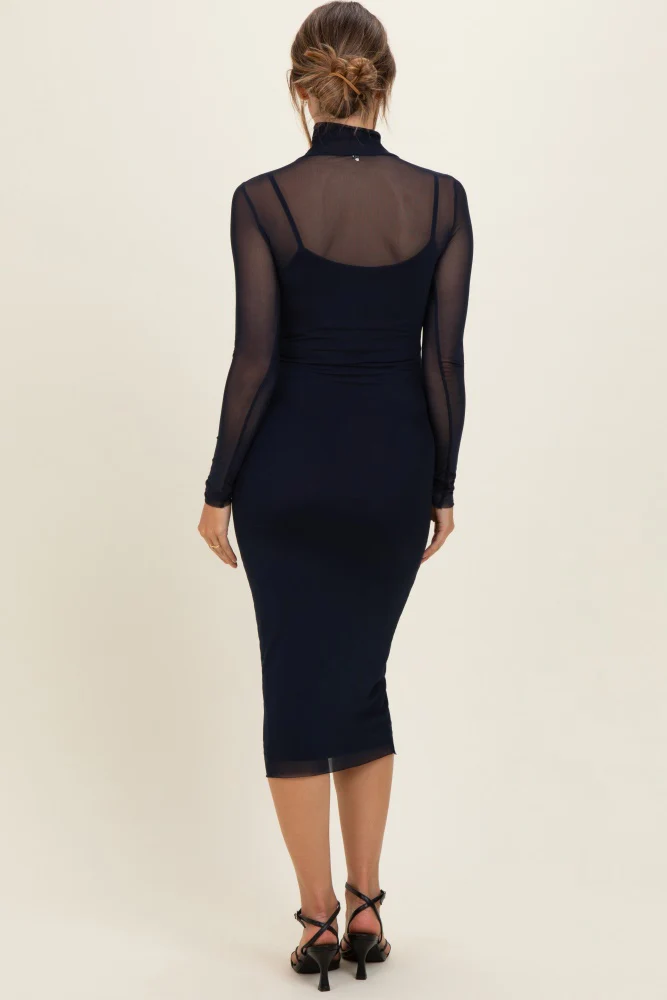 Navy Mesh Overlay Fitted Maternity Midi Dress - Image 4