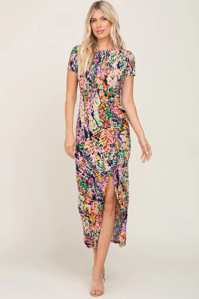 Navy Multi-Color Floral Side Slit Maternity Maxi Dress - Image 5