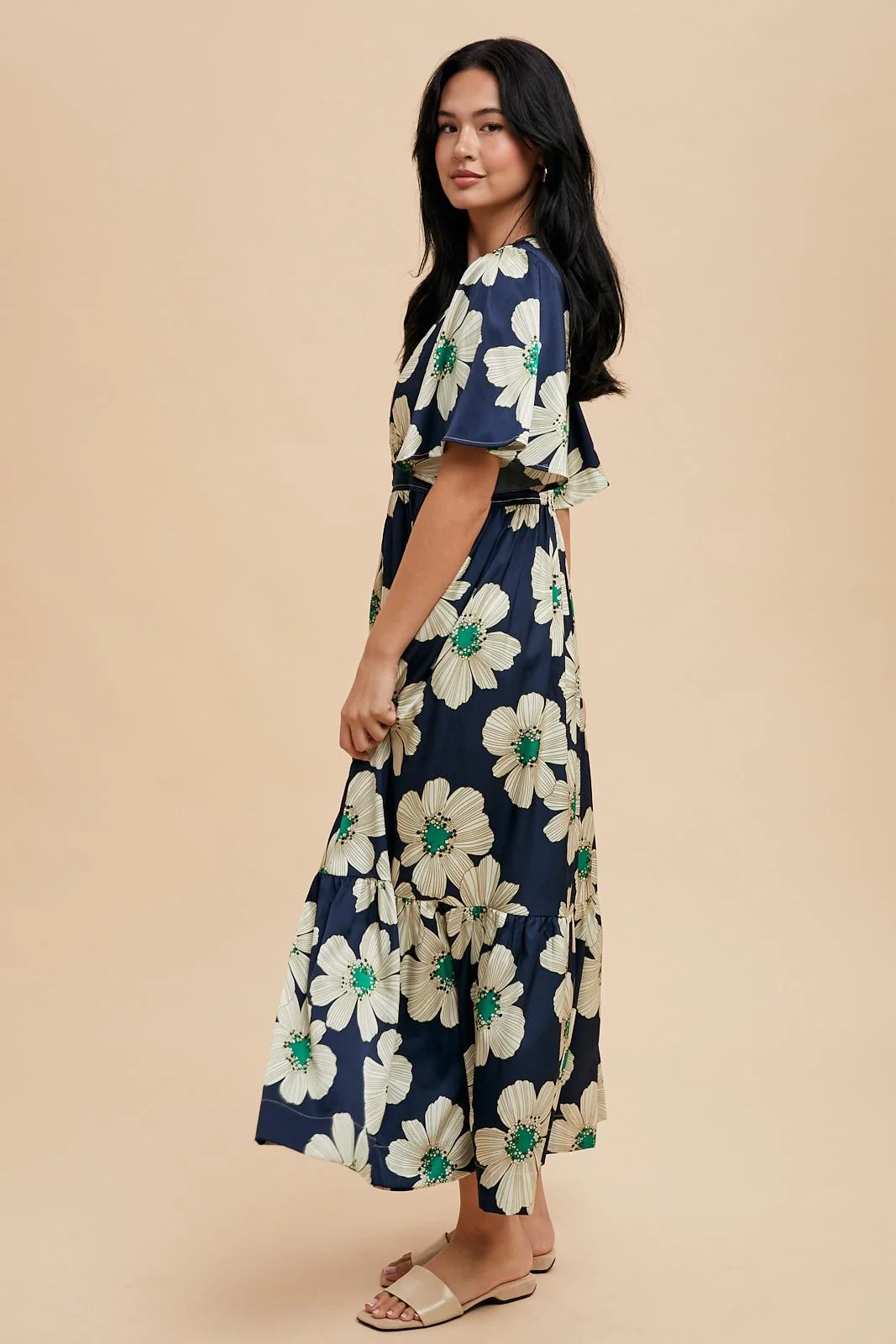 Navy Notched Collar Floral Button Down Maxi Dress - Image 3