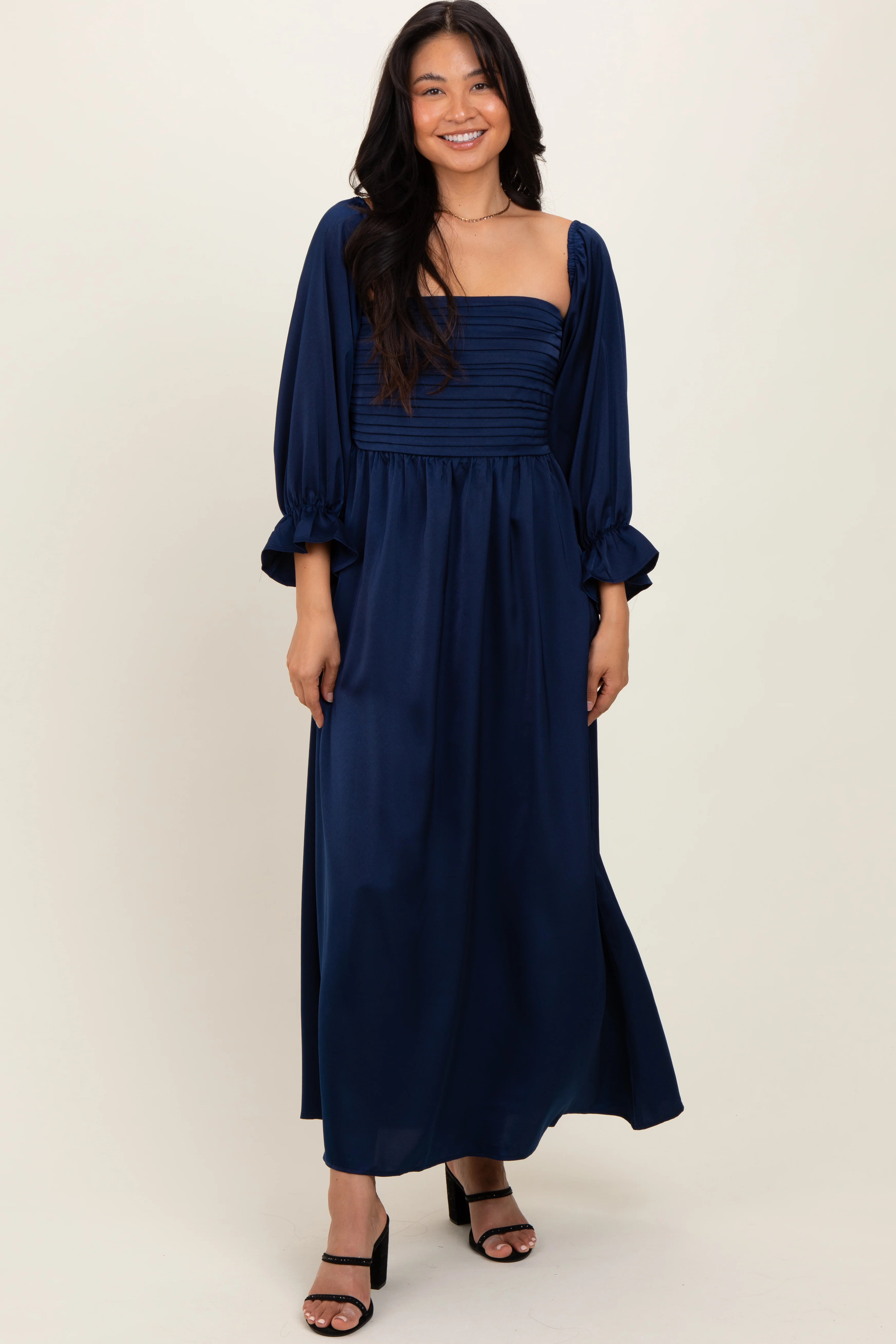 Navy Off Shoulder Satin Pleated Bodice Maternity Maxi Dress - Image 4