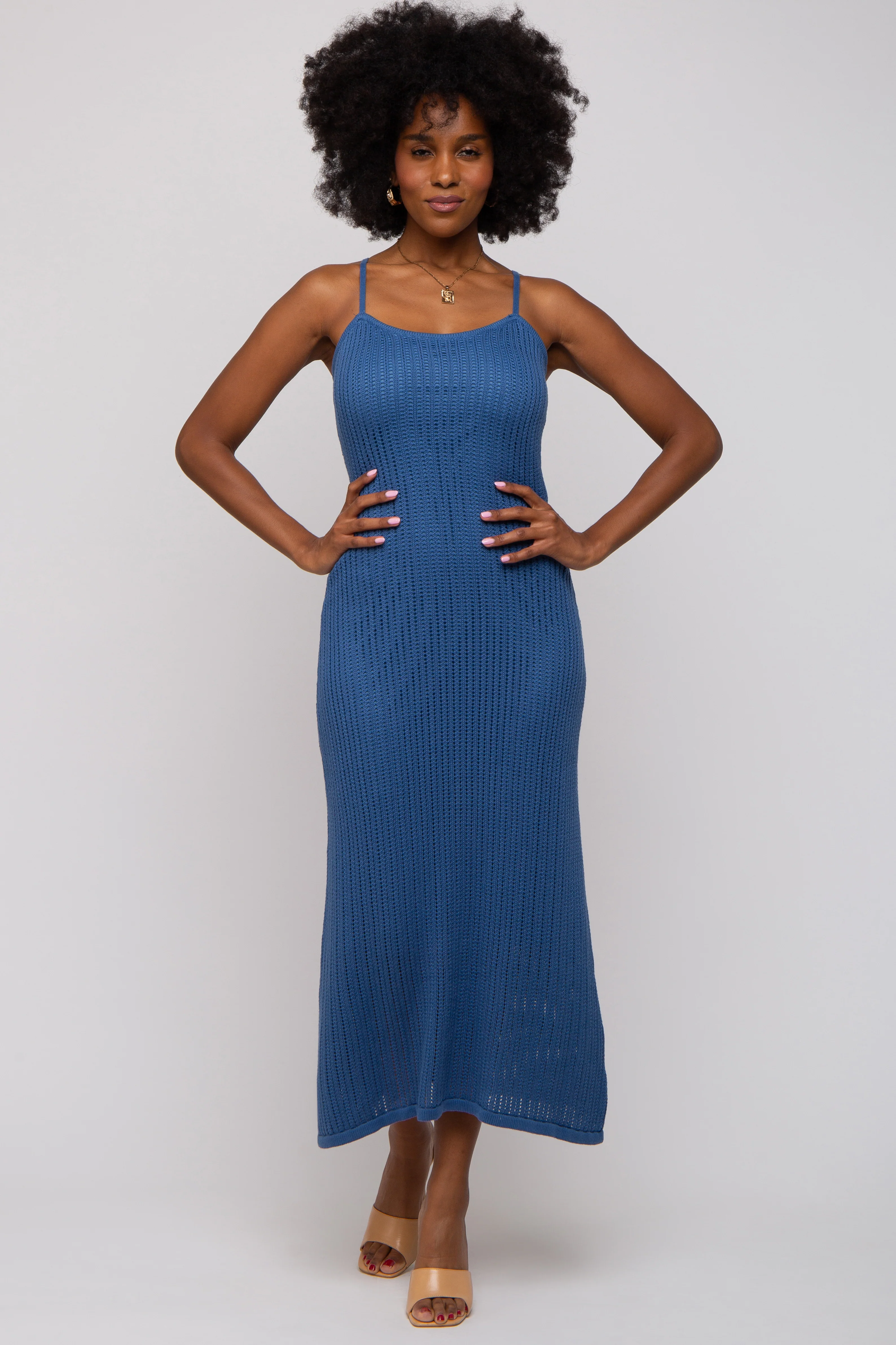 Navy Open Knit Crochet Midi Dress - Image 5
