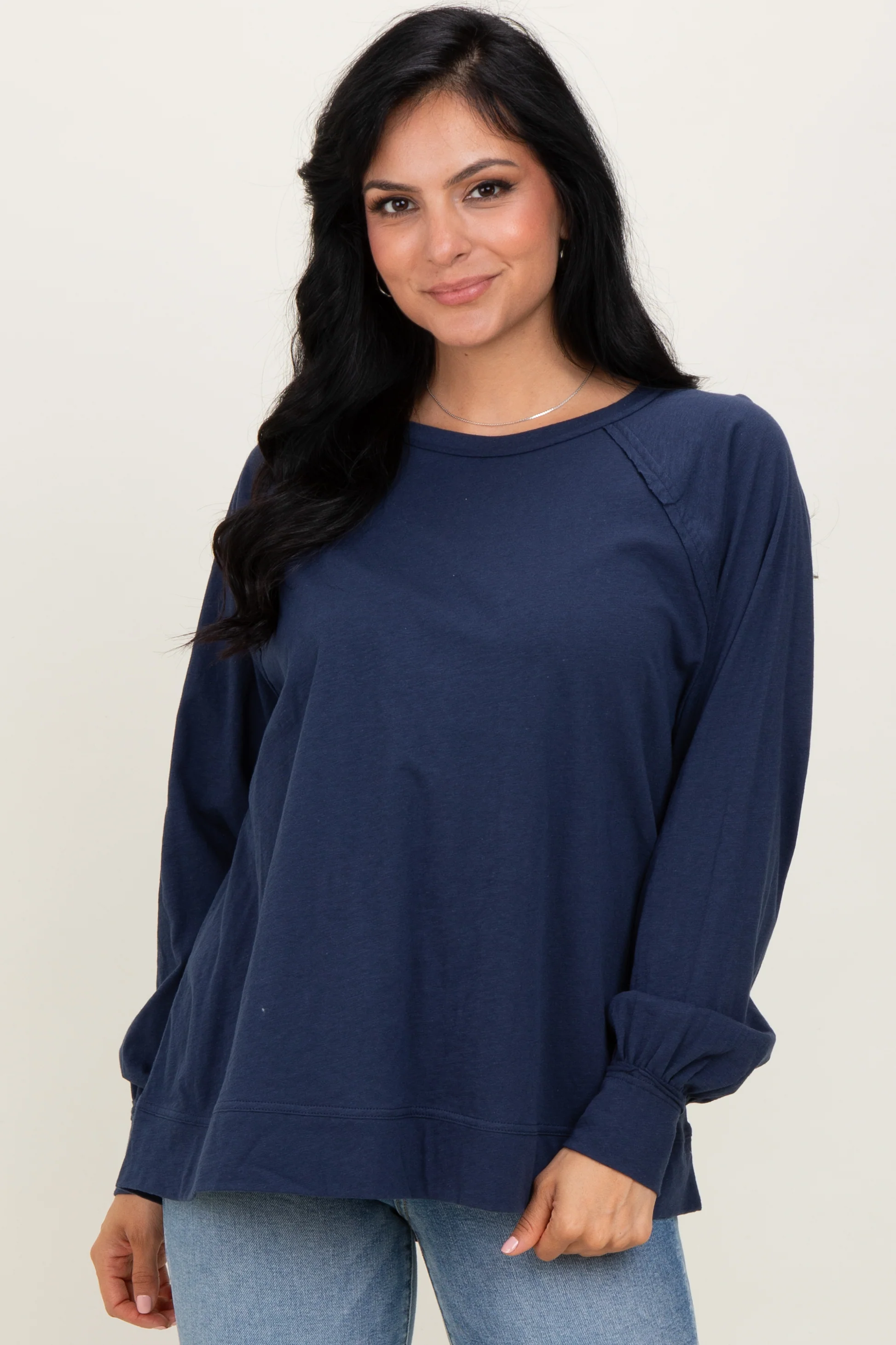 Navy Oversized Cotton Slub Long Sleeve Maternity Top - Image 4