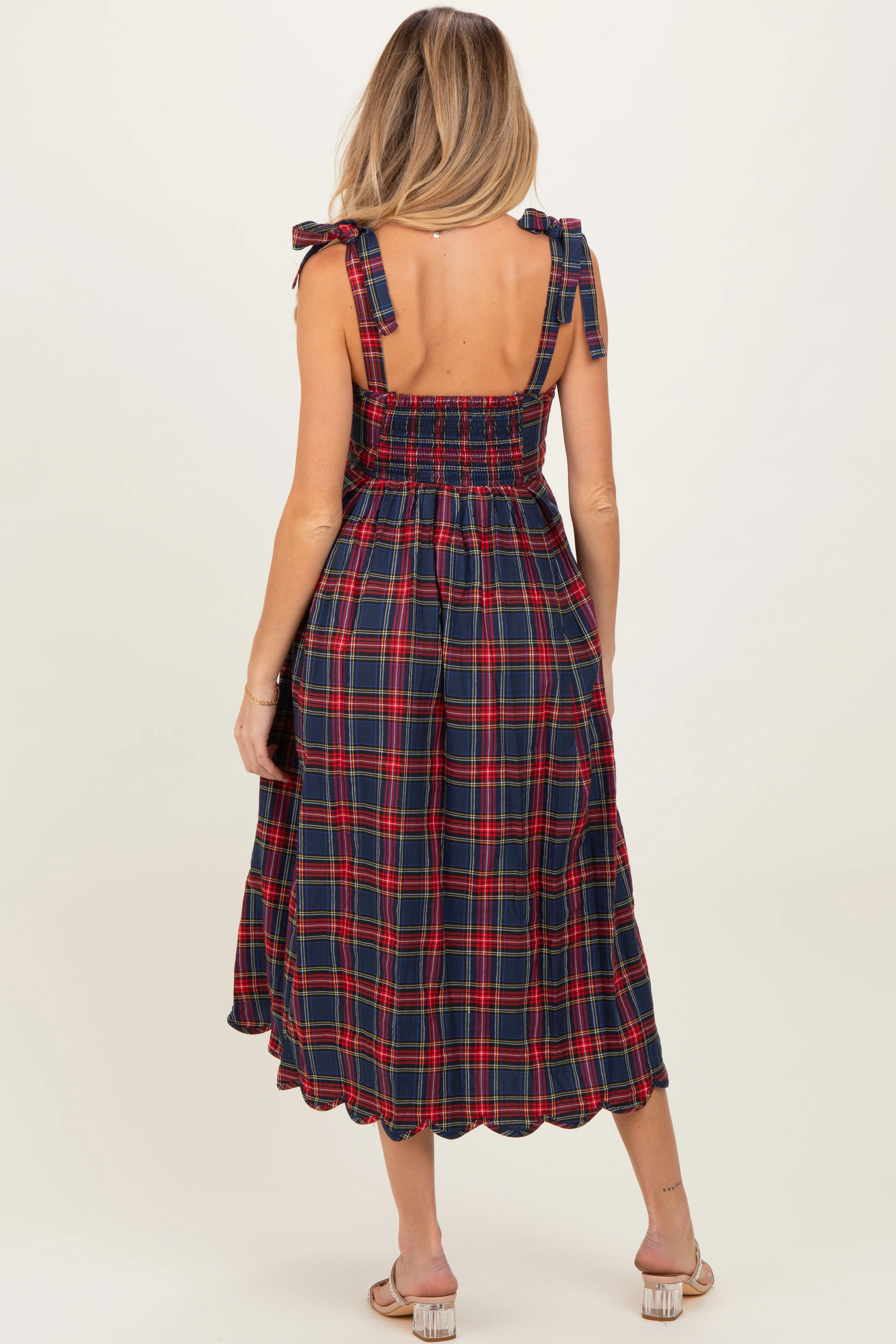 Navy Plaid Shoulder Tie Scallop Hem Maternity Midi Dress - Image 4