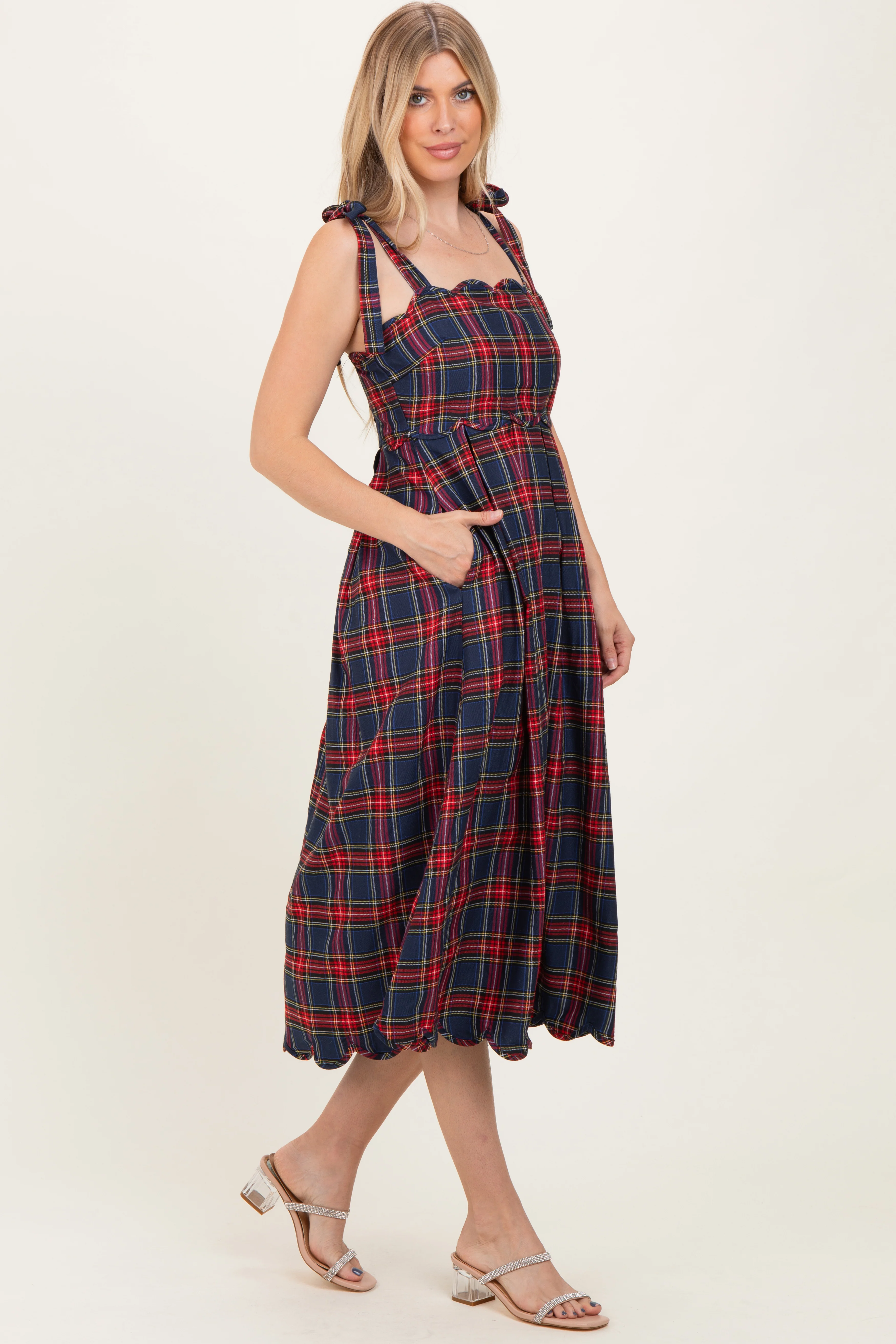Navy Plaid Shoulder Tie Scallop Hem Midi Dress - Image 3