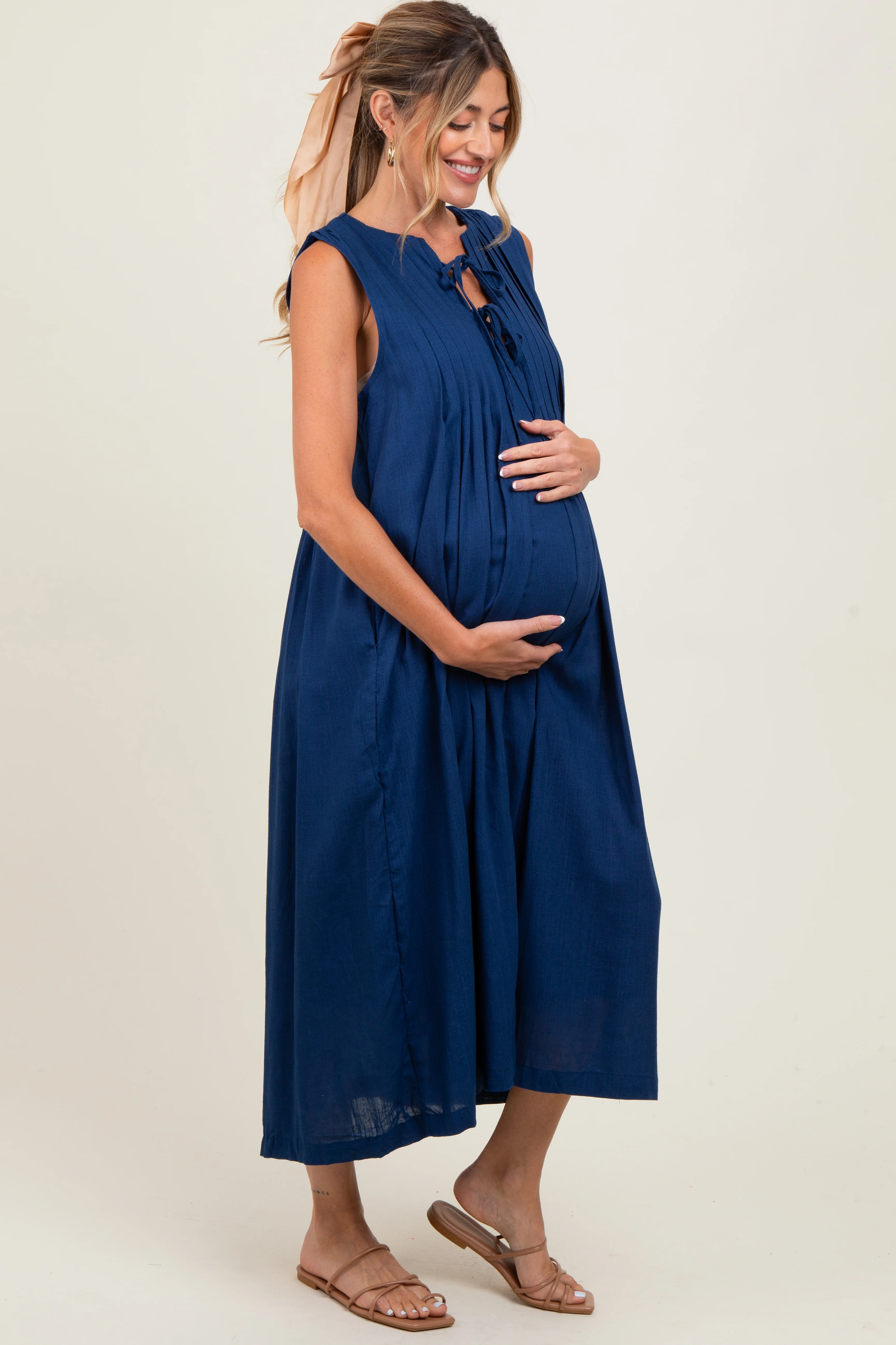 Navy Pleated Double Front Tie Sleeveless Maternity Midi Dress - Image 3
