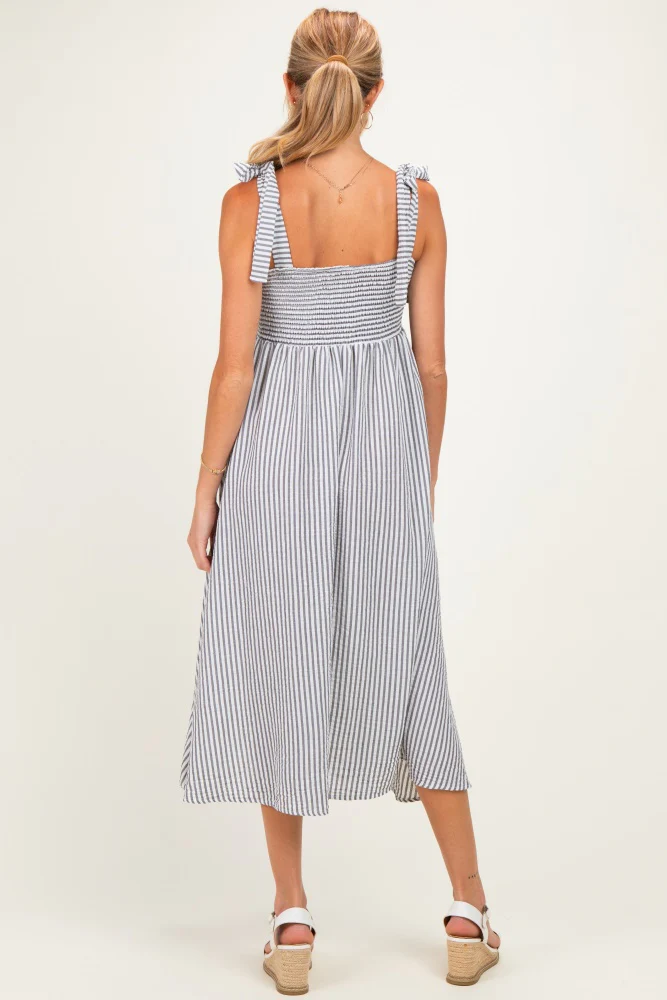 Navy Polka Dot Stripe Shoulder Tie Maternity Midi Dress - Image 3