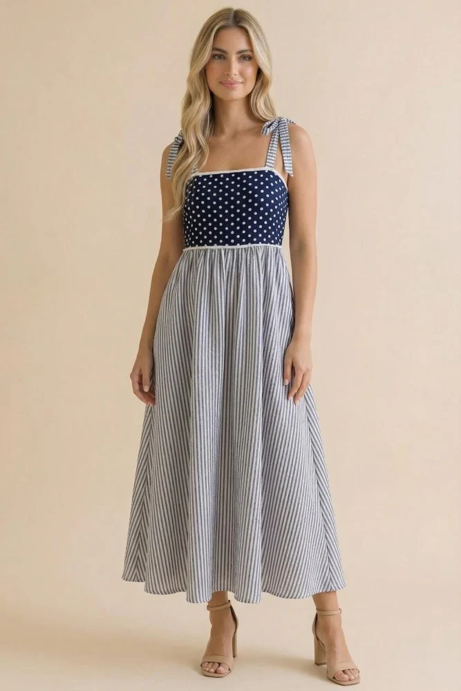 Navy Polka Dot Stripe Shoulder Tie Midi Dress