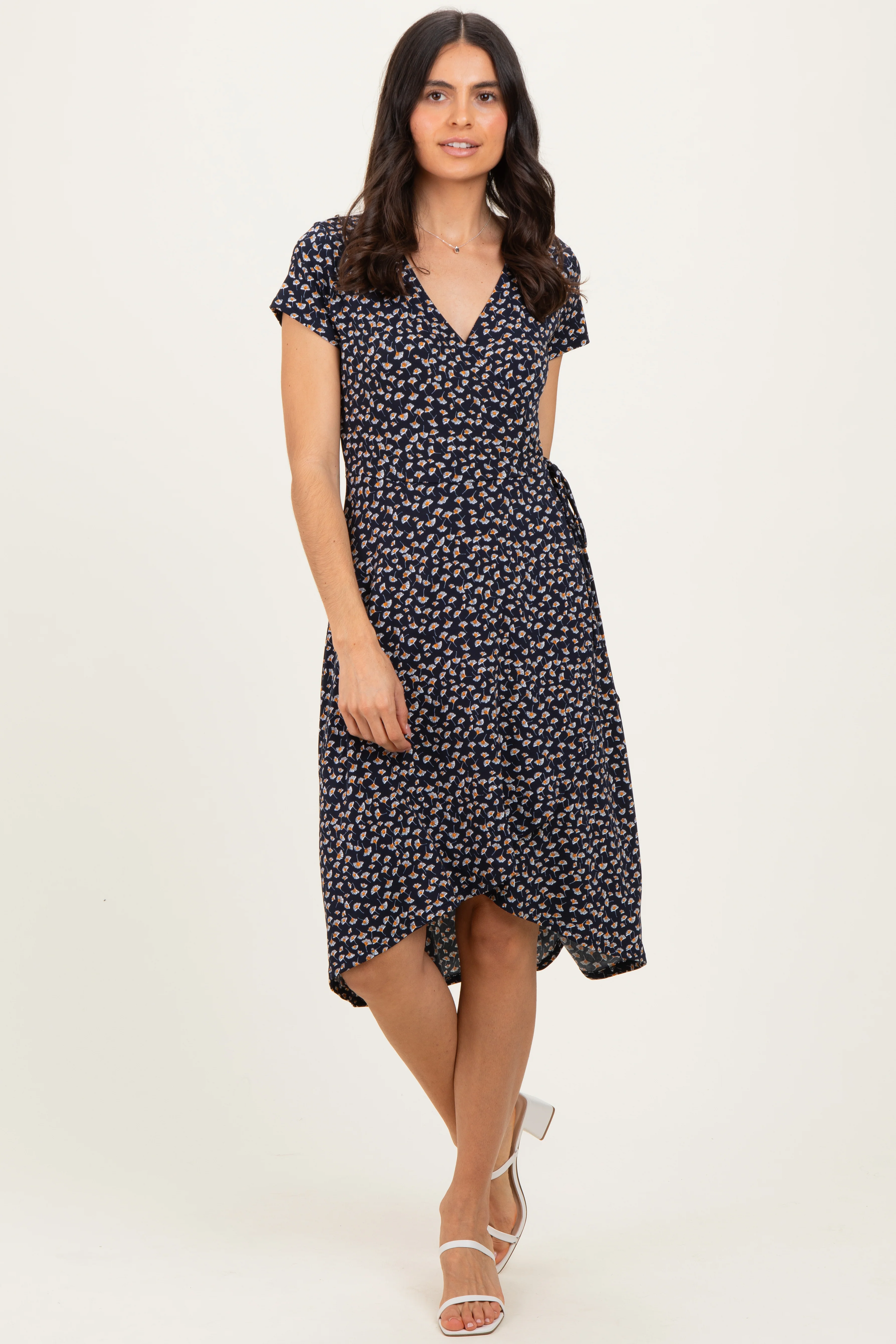 Navy Printed V-Neck Maternity Midi Wrap Dress - Image 4