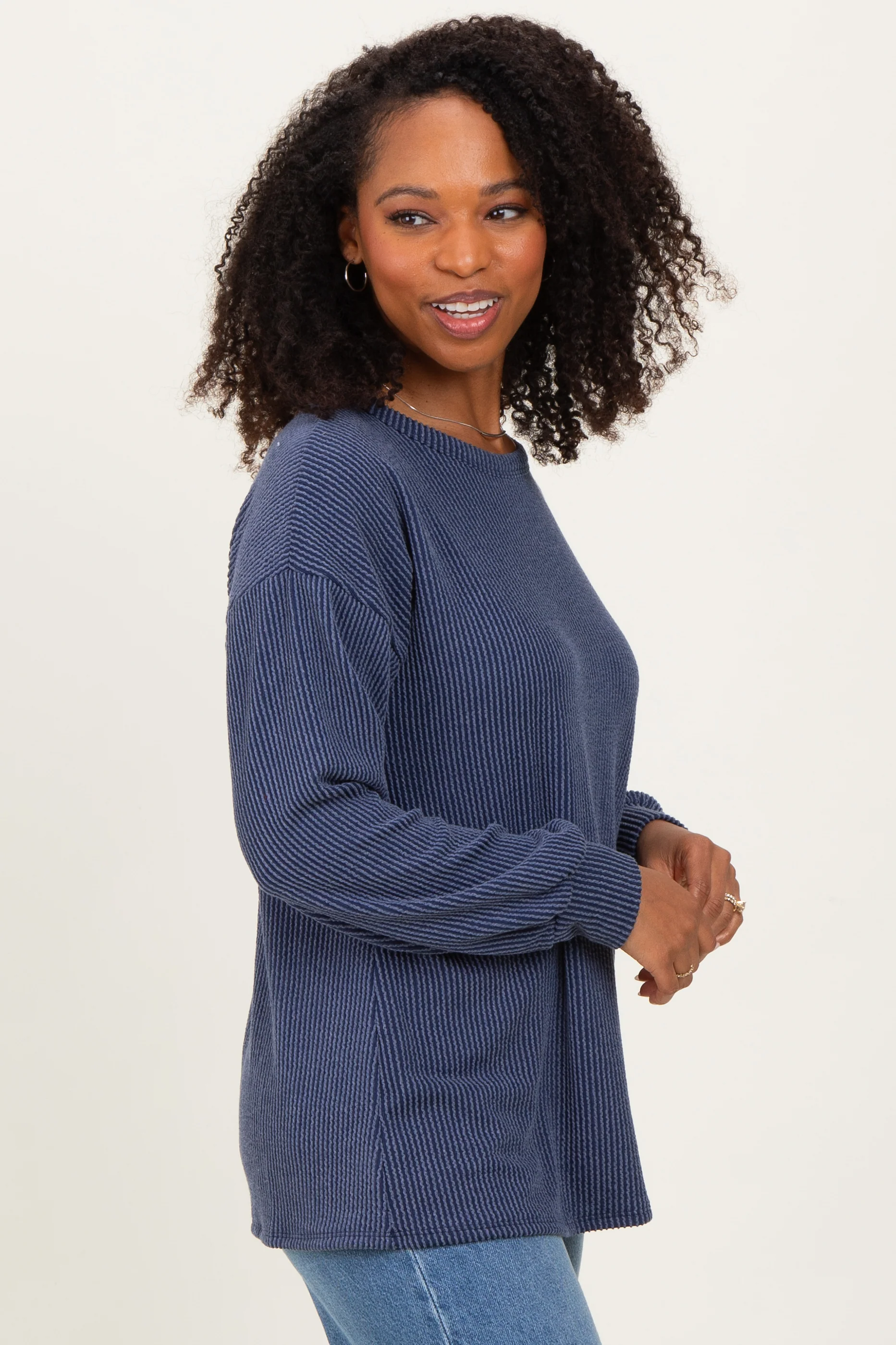 Navy Puff Sleeve Solid Ribbed Top - Image 3