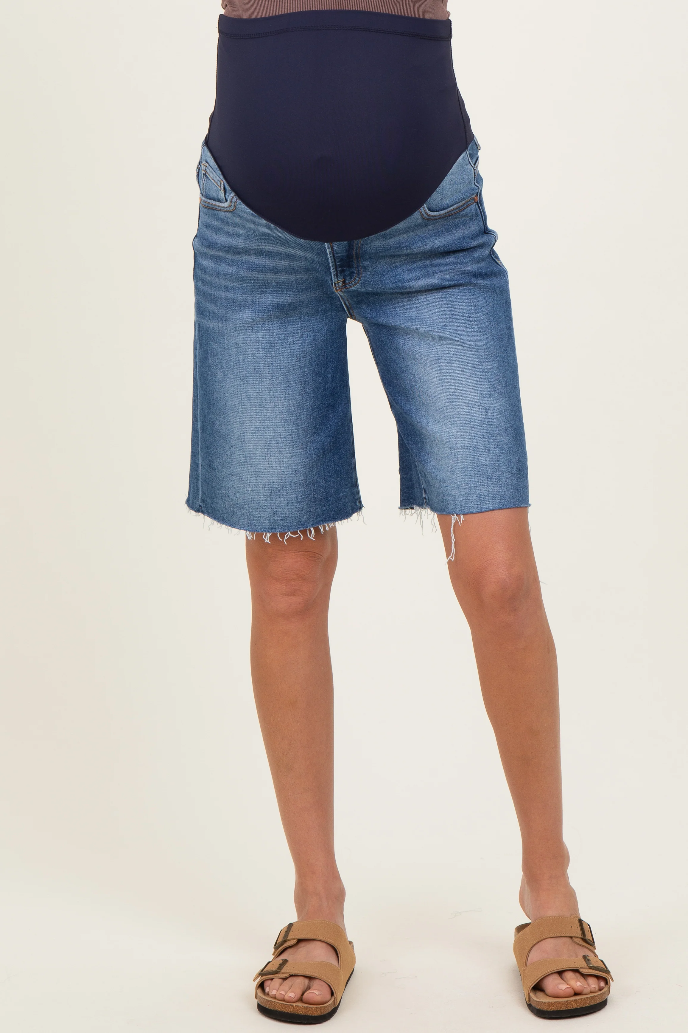 Navy Raw Hem Bermuda Maternity Jean Shorts - Image 4