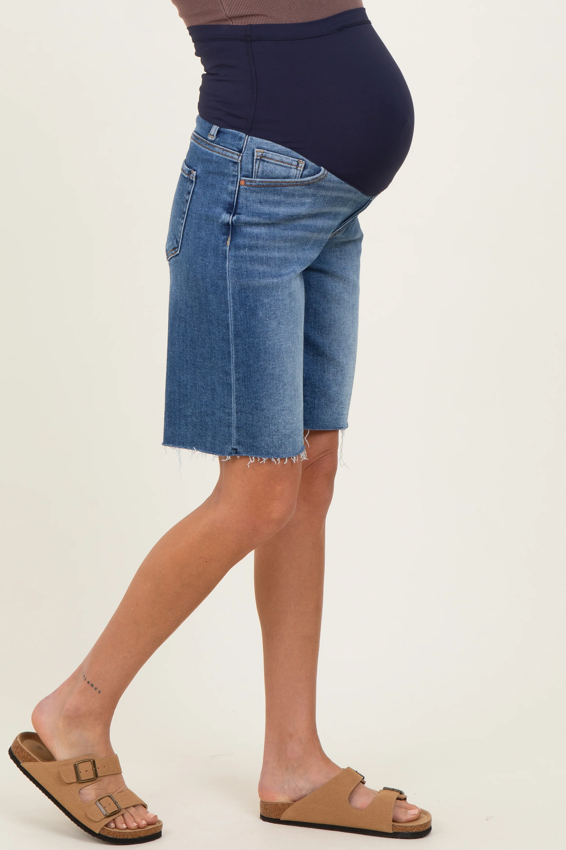 Navy Raw Hem Bermuda Maternity Jean Shorts - Image 5