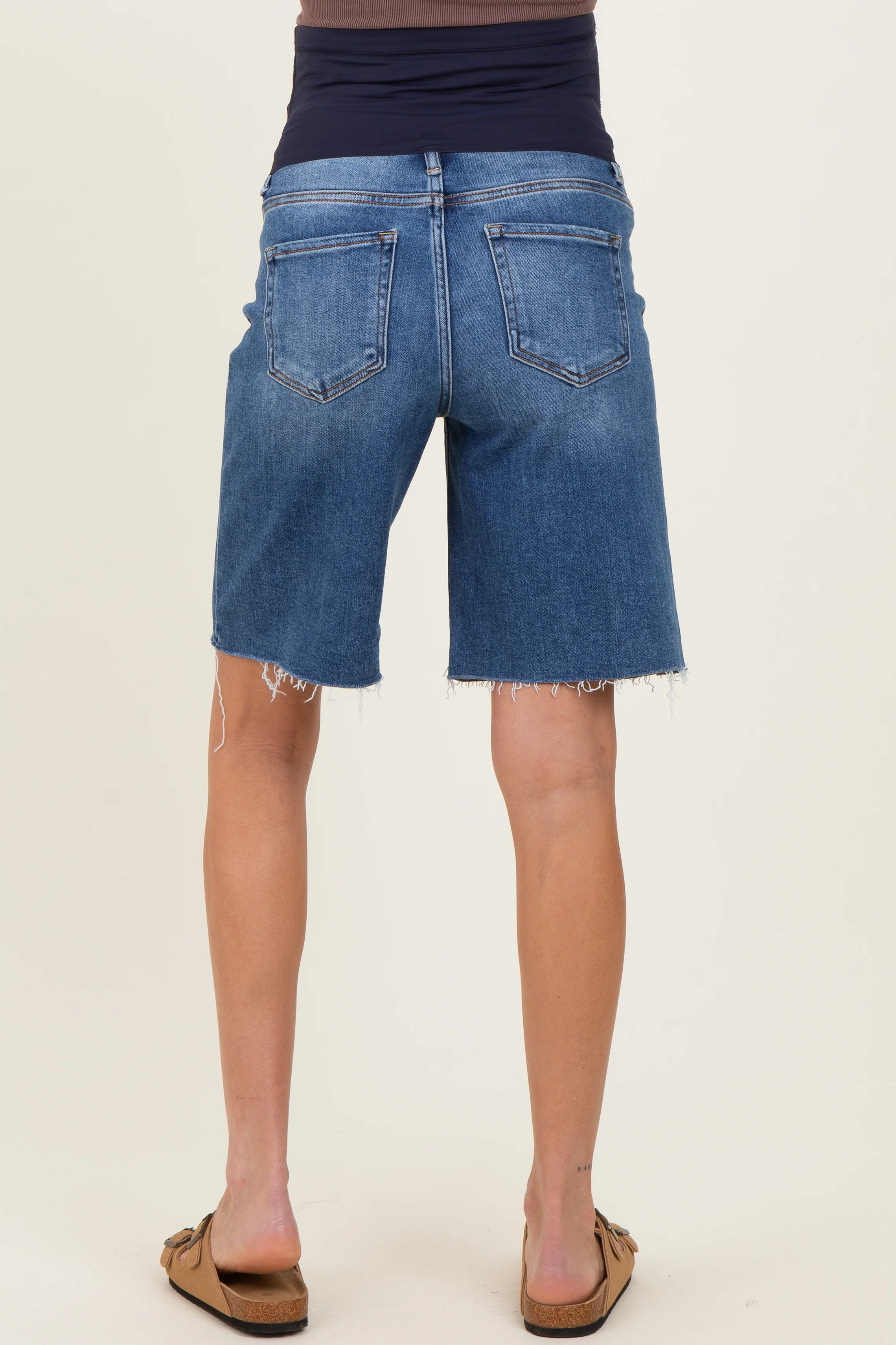Navy Raw Hem Bermuda Maternity Jean Shorts - Image 6