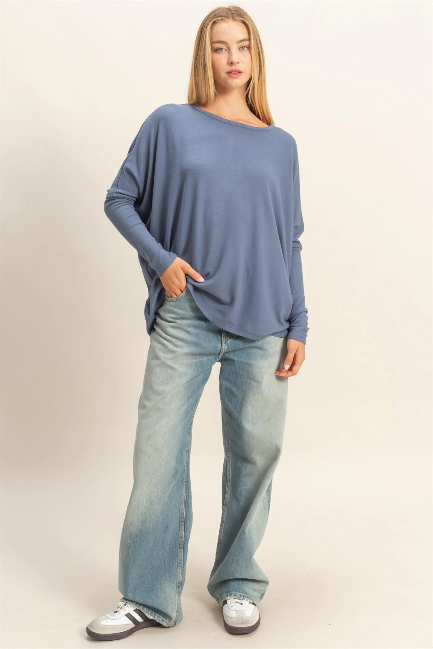 Navy Relaxed Fit Dolman Long Sleeve Top - Image 4