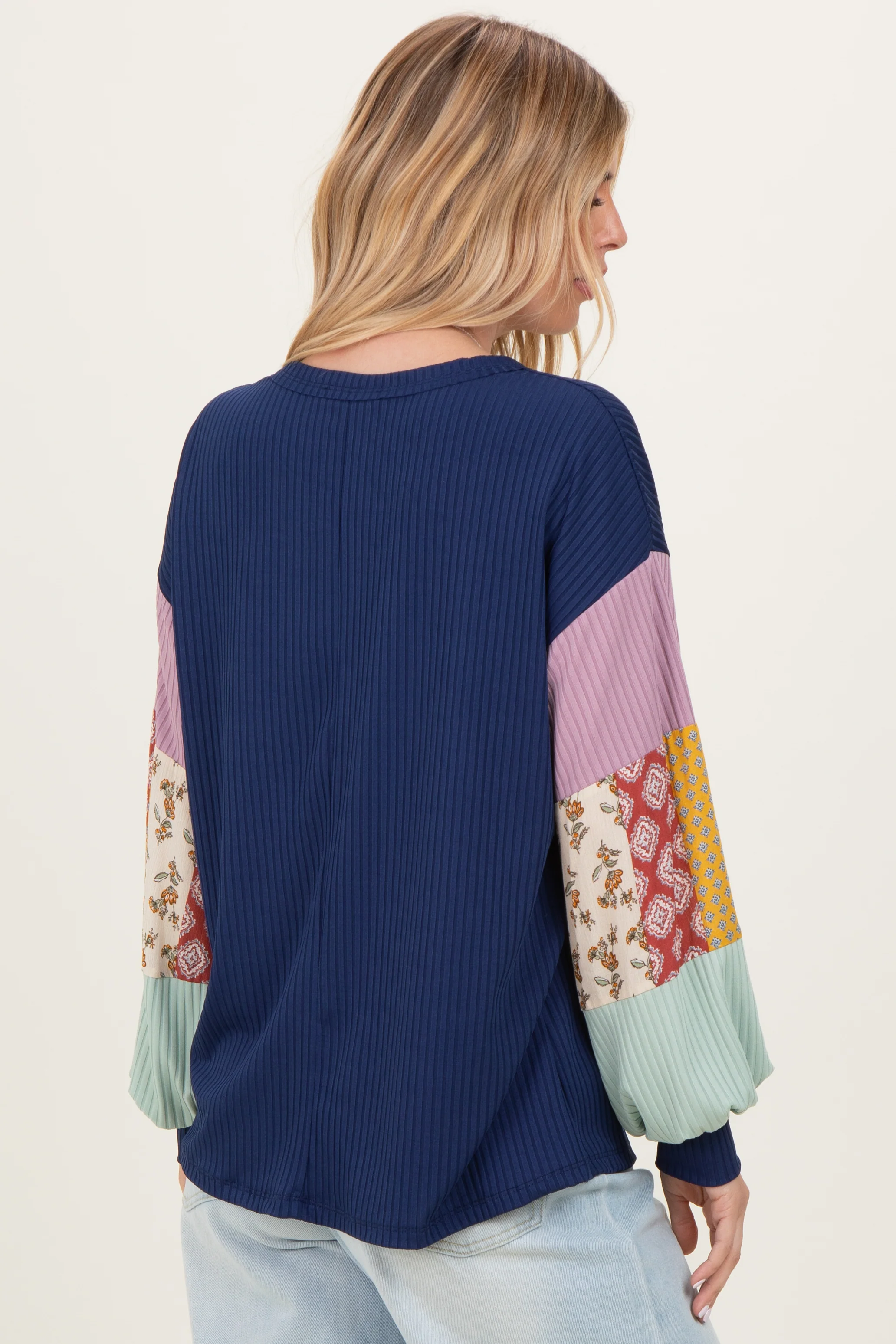 Navy Ribbed Long Sleeve Colorblock Top - Image 4