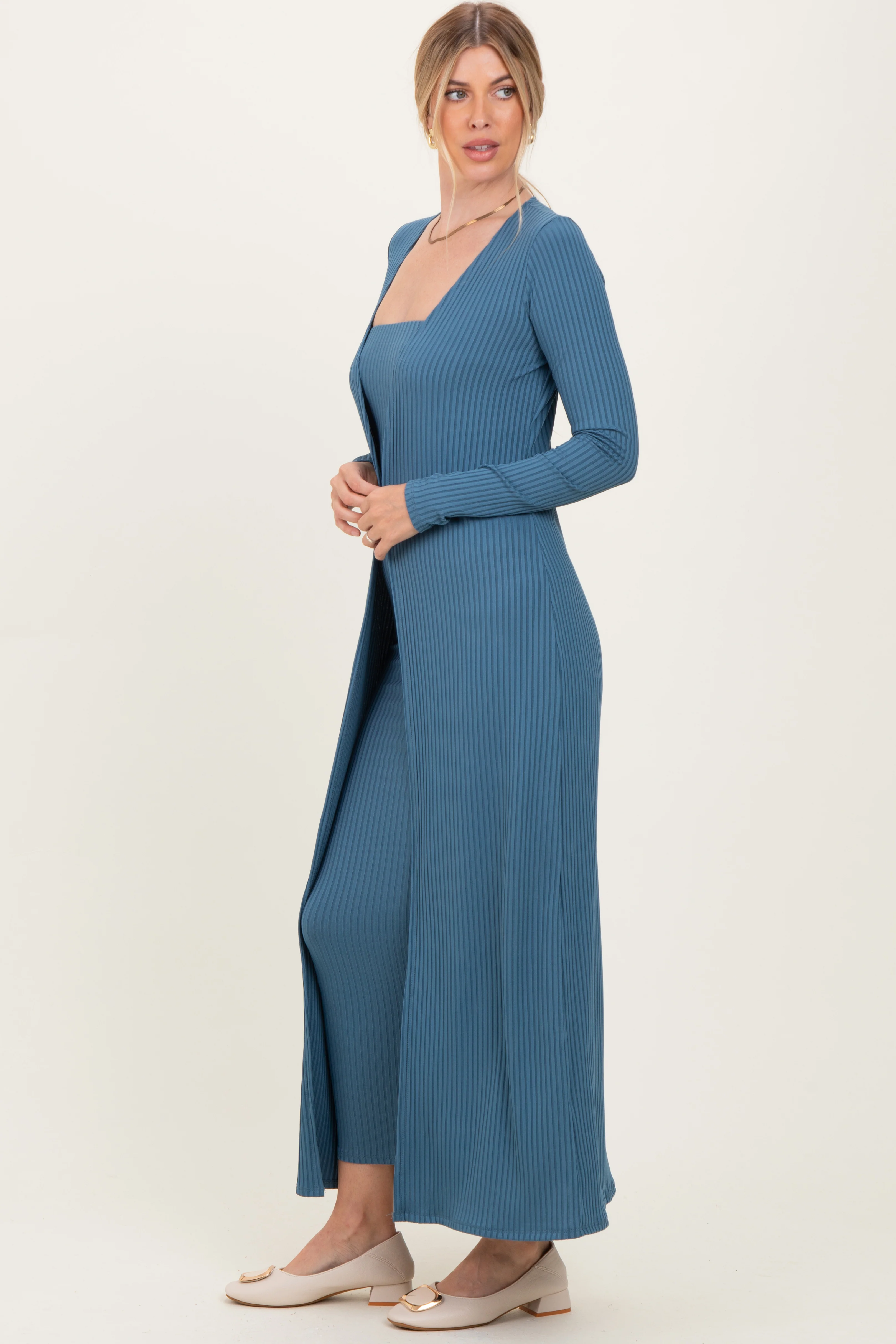 Navy Ribbed Sleeveless Dress Cardigan Set - Image 3