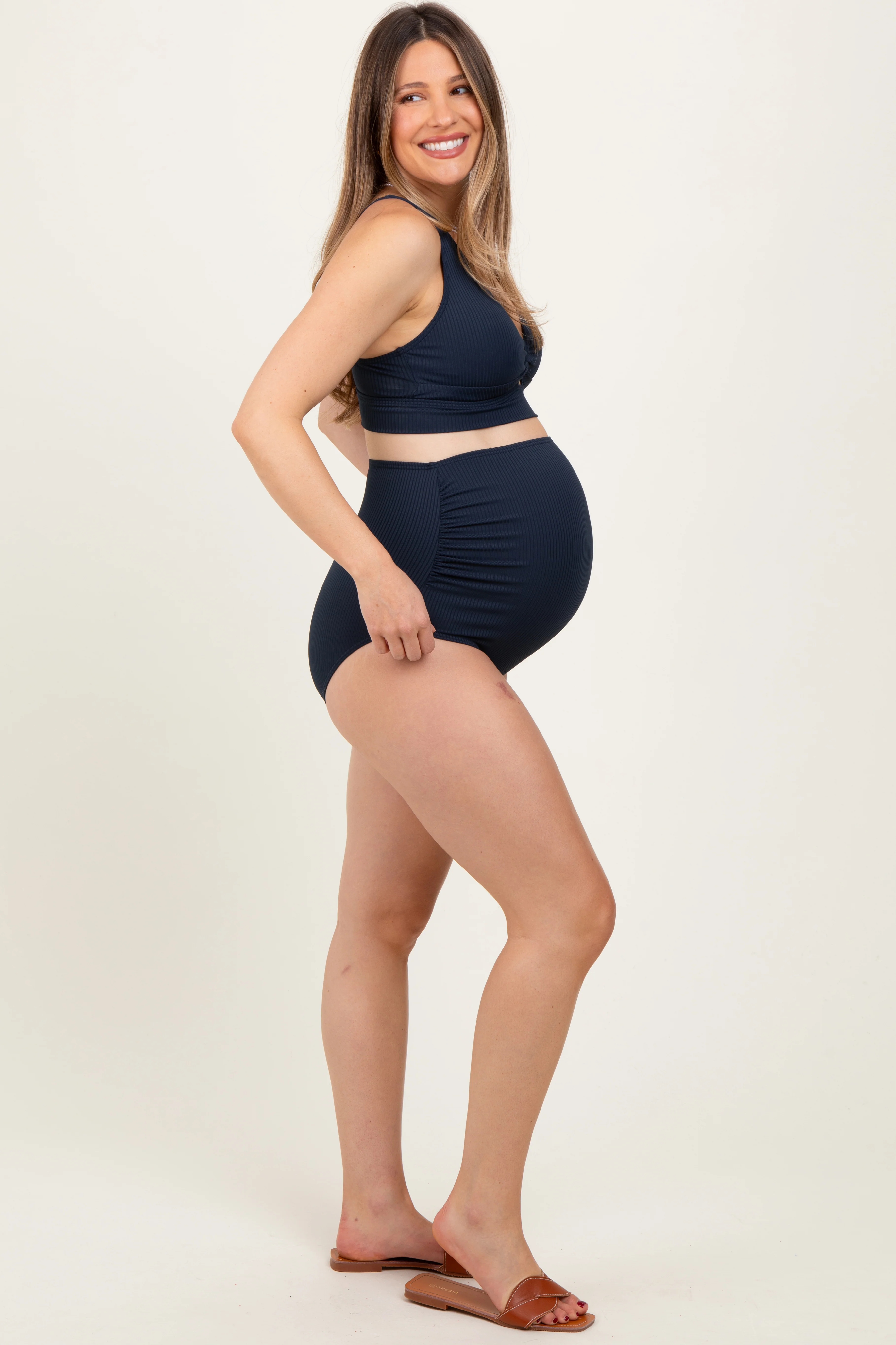 Navy Ribbed Twist Cutout Front Maternity Swim Set - Image 4