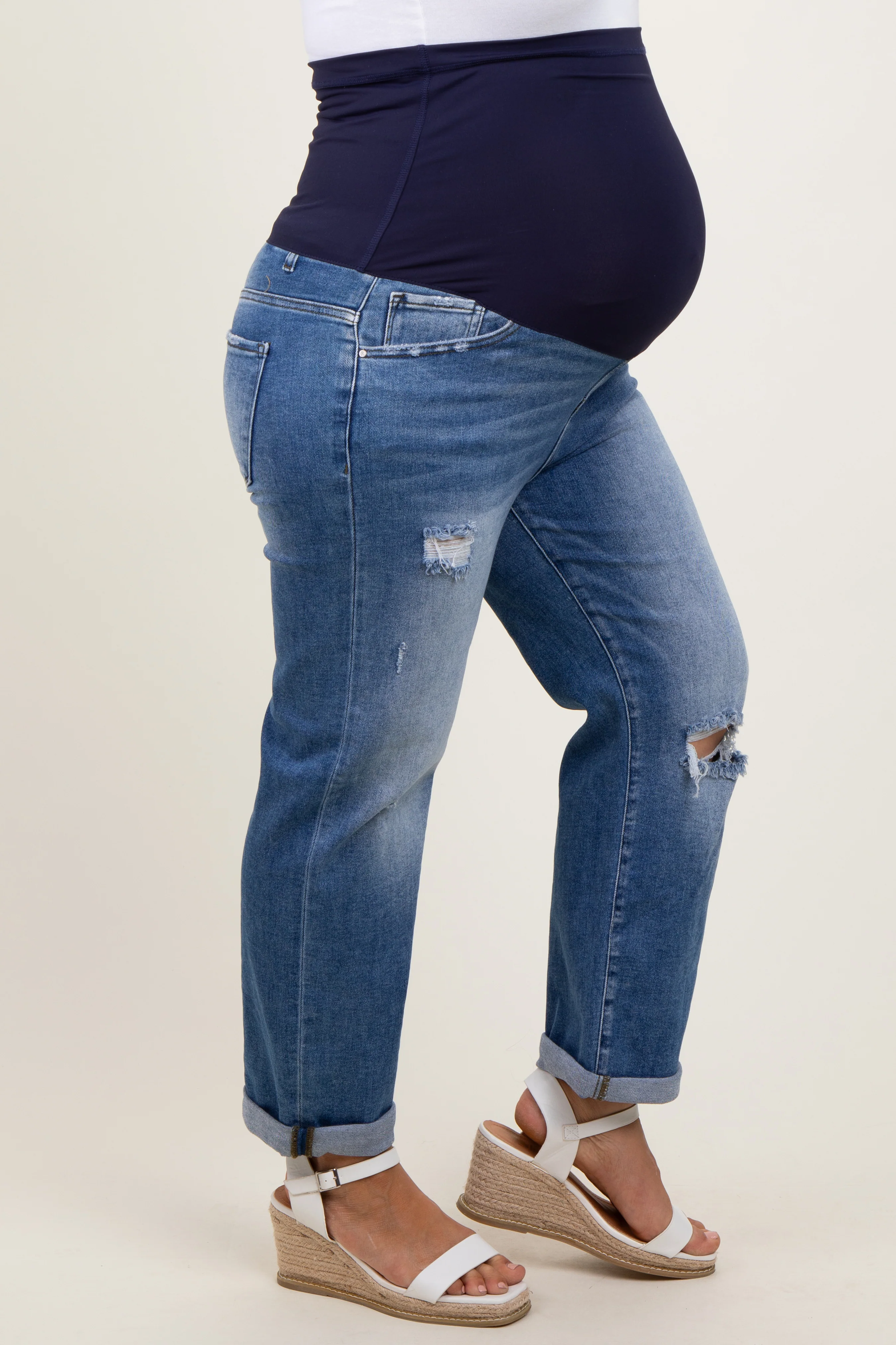 Navy Rolled Hem Distressed Straight Leg Maternity Plus Jeans - Image 4
