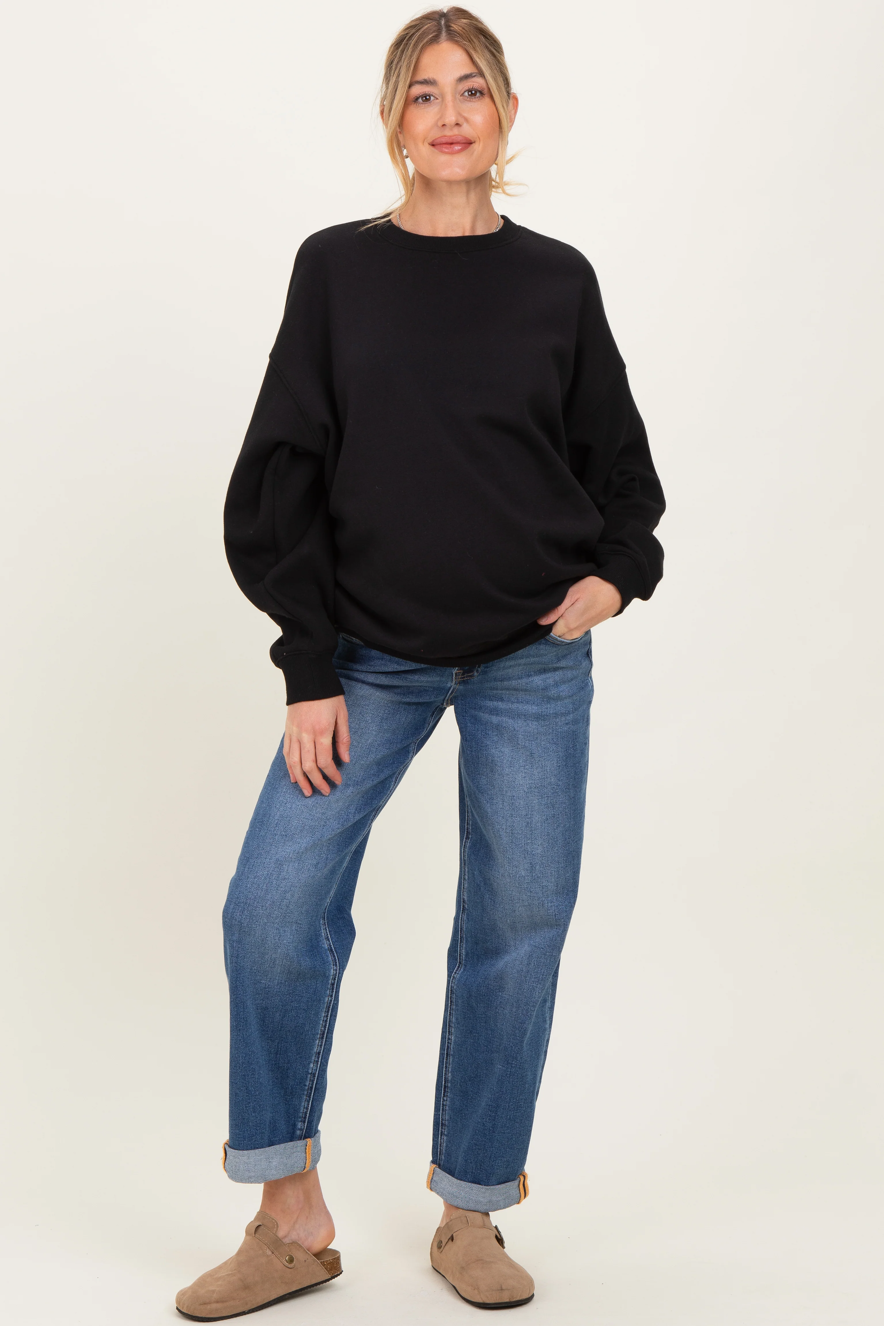 Navy Rolled Hem Maternity Boyfriend Jeans