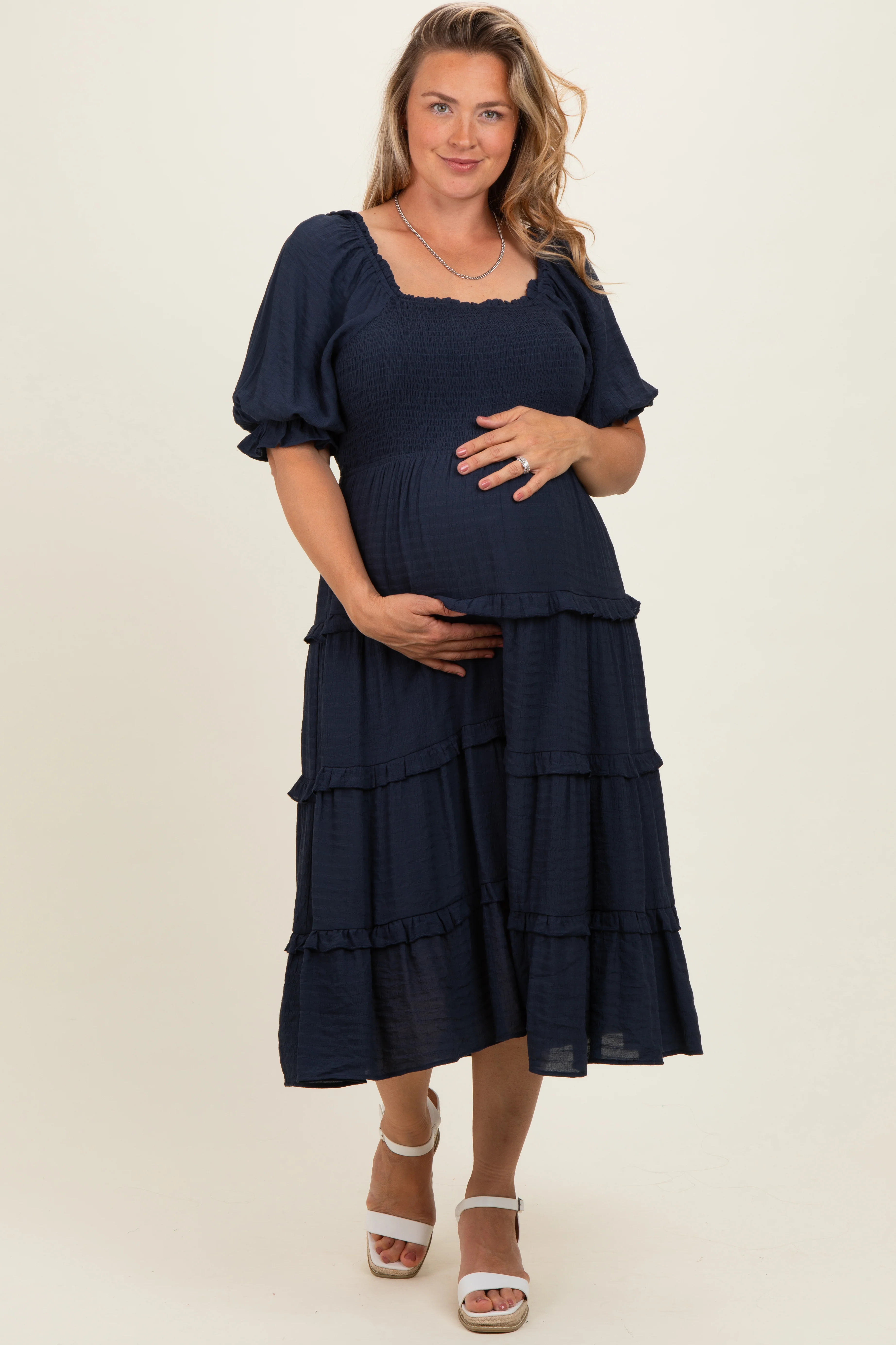 Navy Ruffle Tiered Maternity Plus Midi Dress