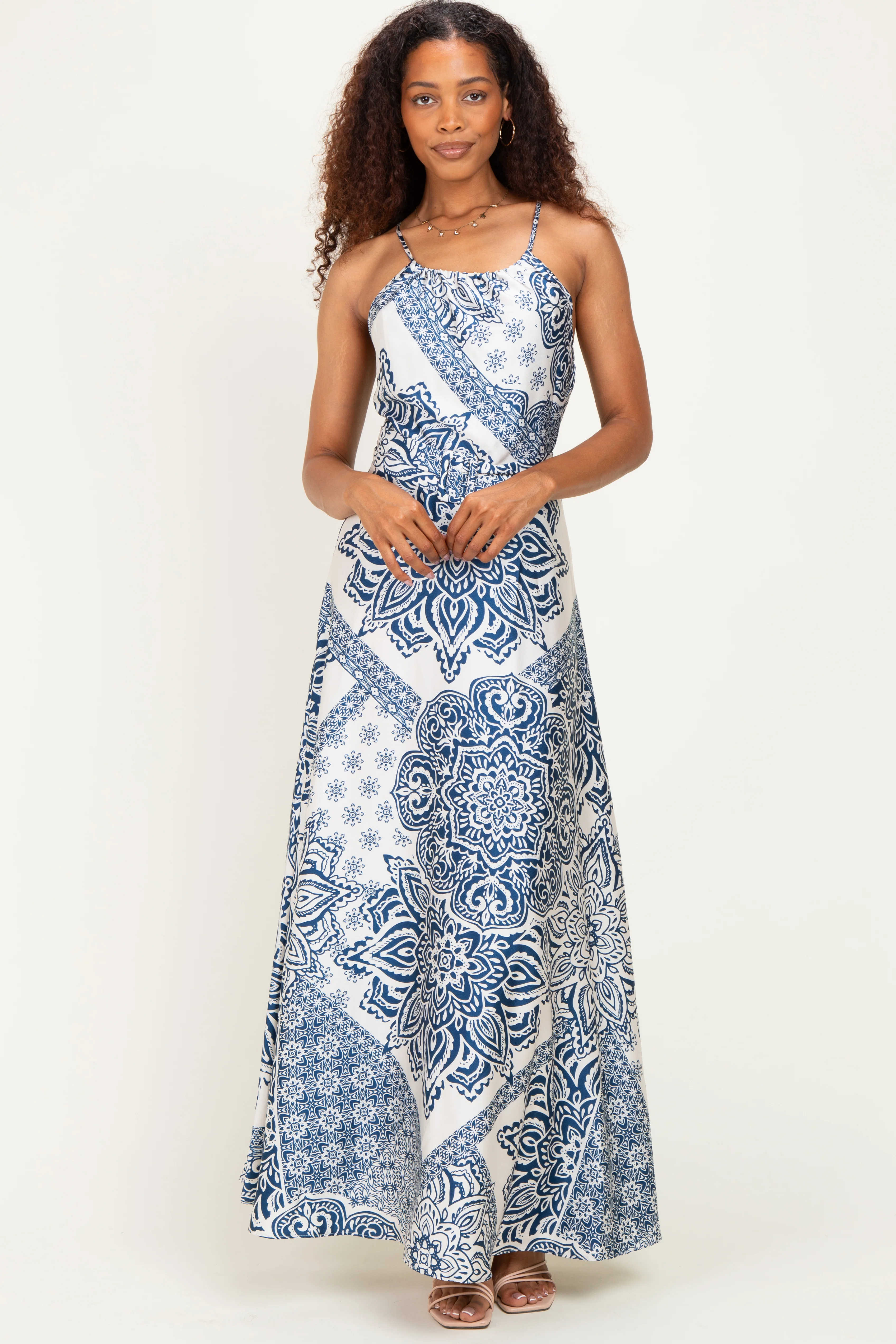 Navy Satin Floral Crossback Maternity Maxi Dress - Image 4