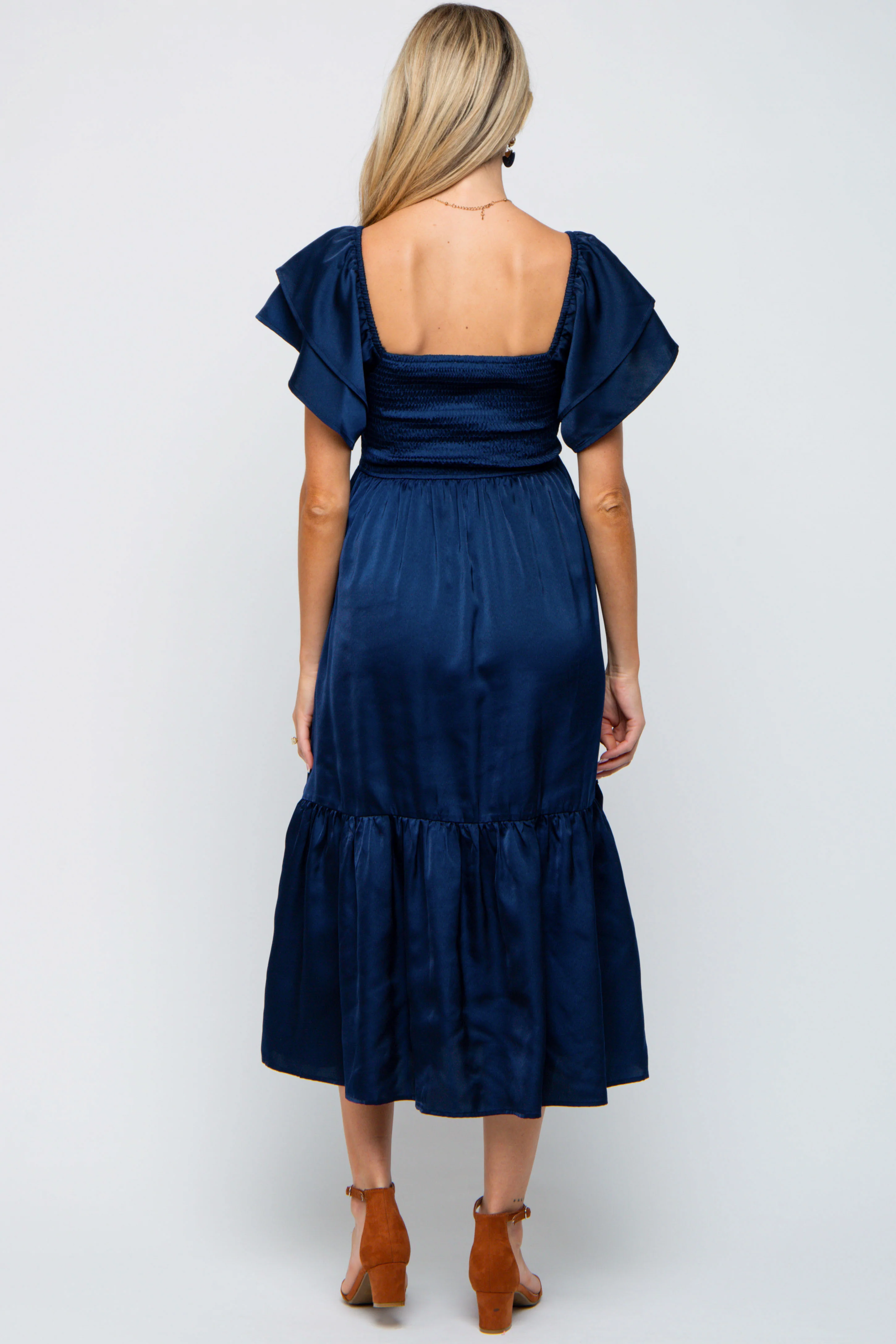 Navy Satin Flutter Sleeve Maternity Midi Dress - Image 4