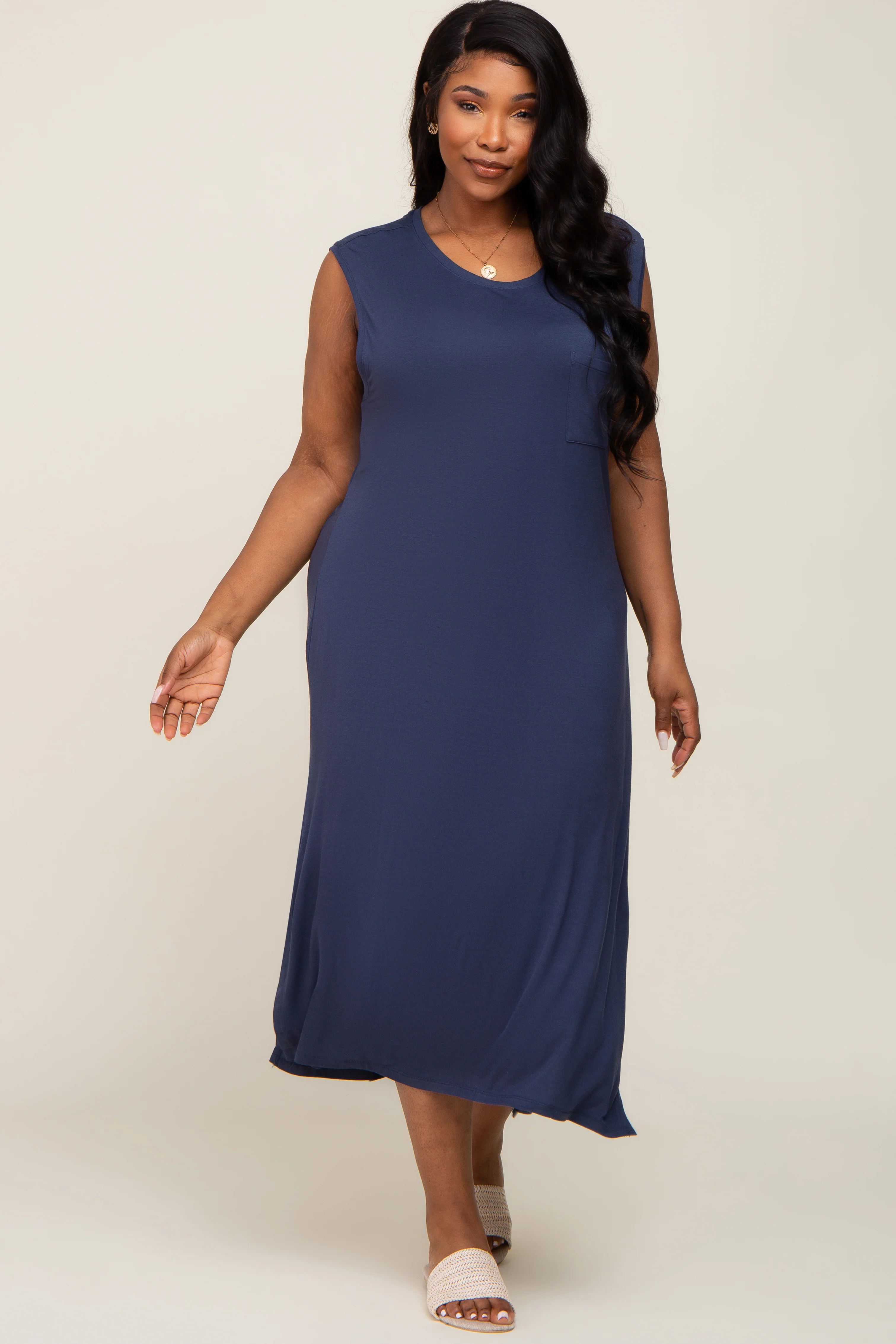 Navy Sleeveless Front Pocket Plus Midi Dress - Image 4