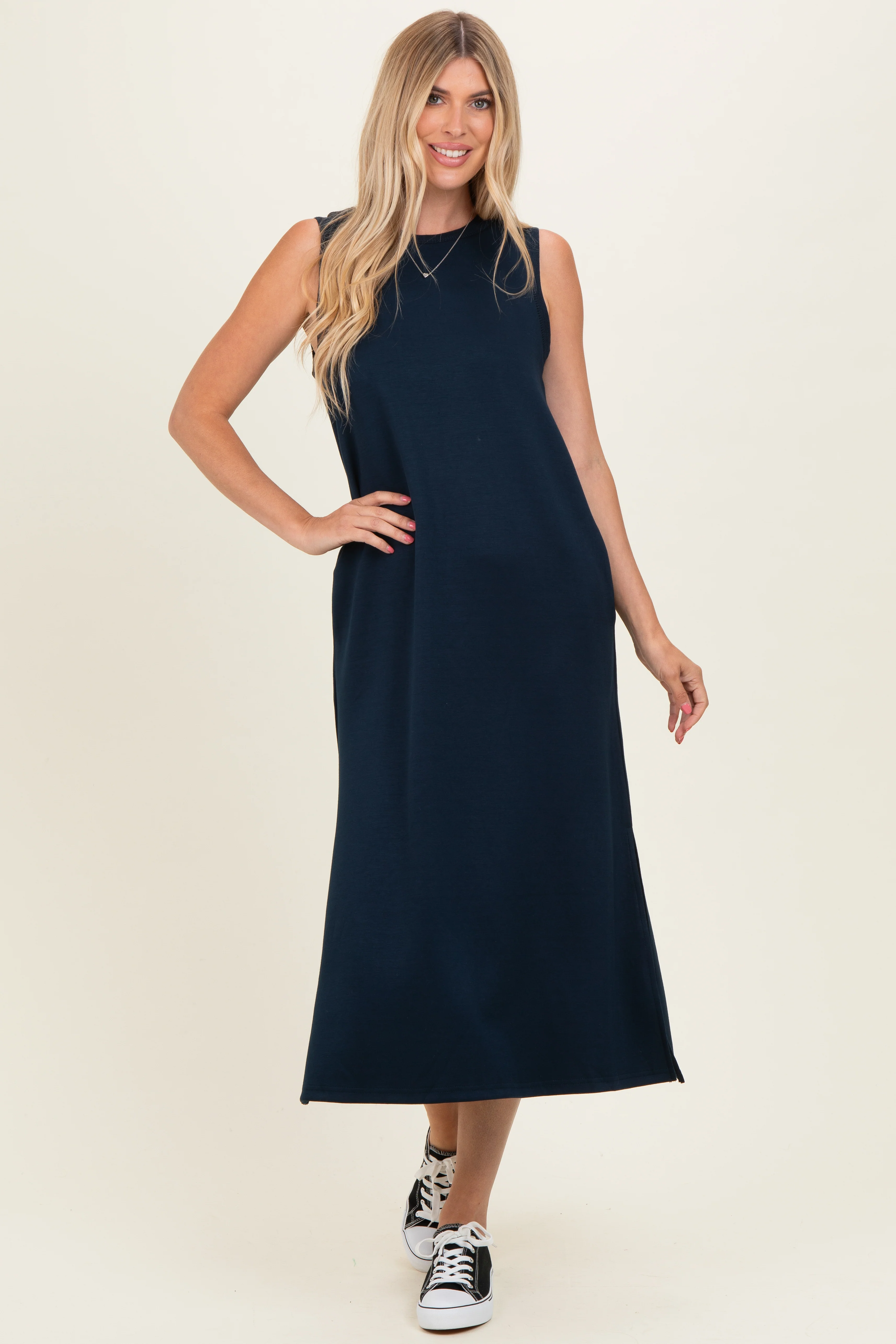 Navy Sleeveless Maternity Midi Dress - Image 4