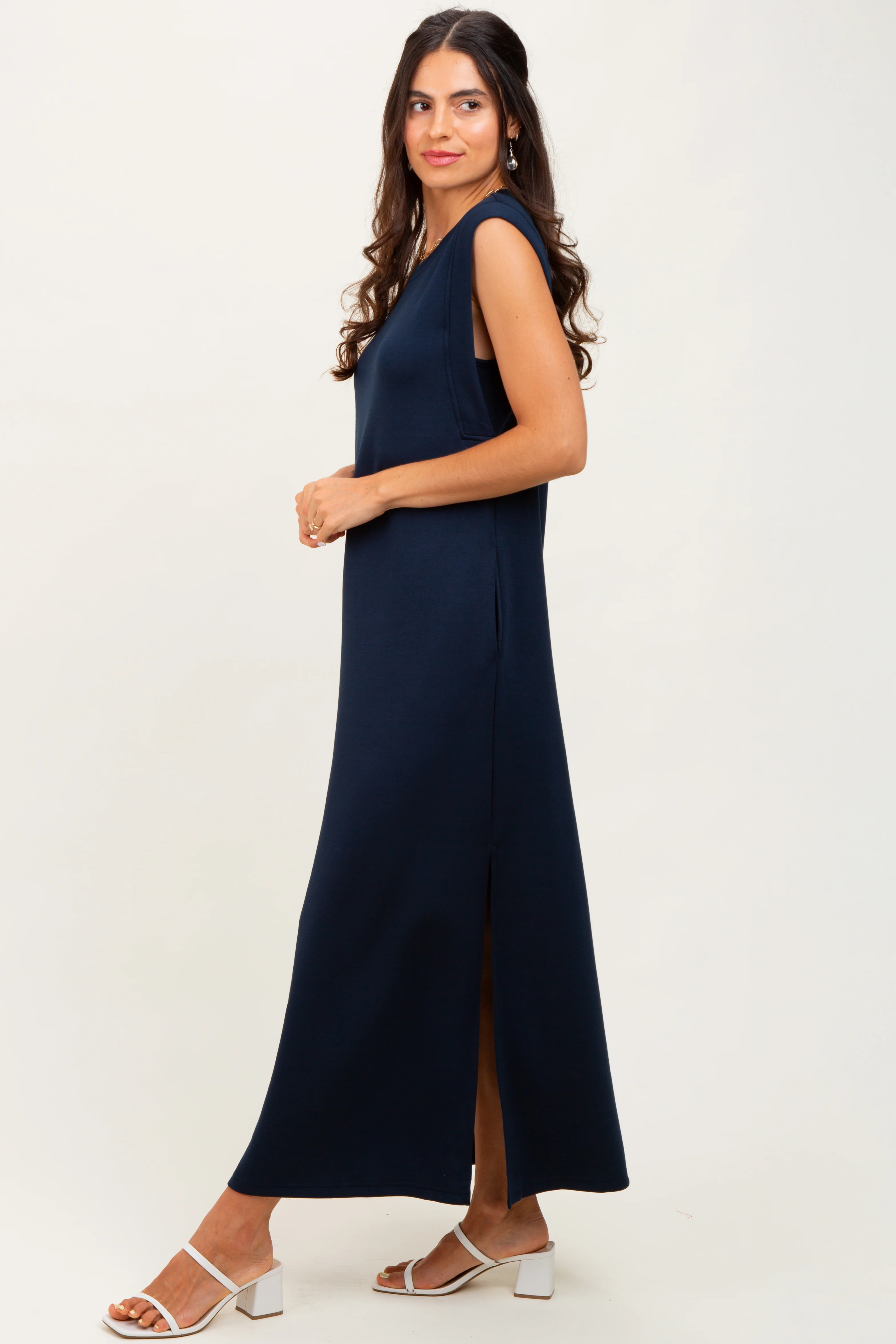 Navy Sleeveless Side Slit Midi Dress - Image 3