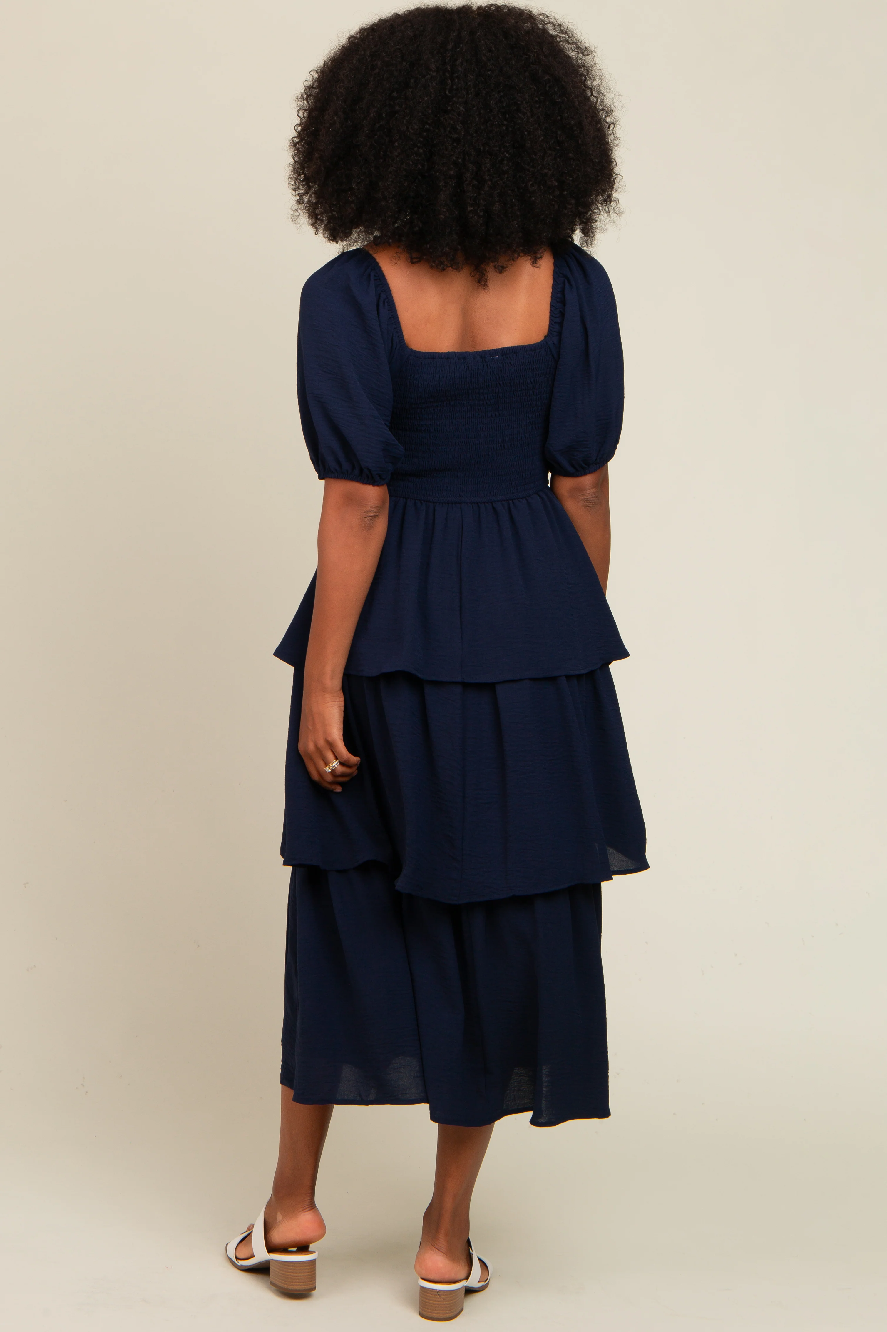 Navy Smocked Body Ruffled Tiered Midi Dress - Image 4