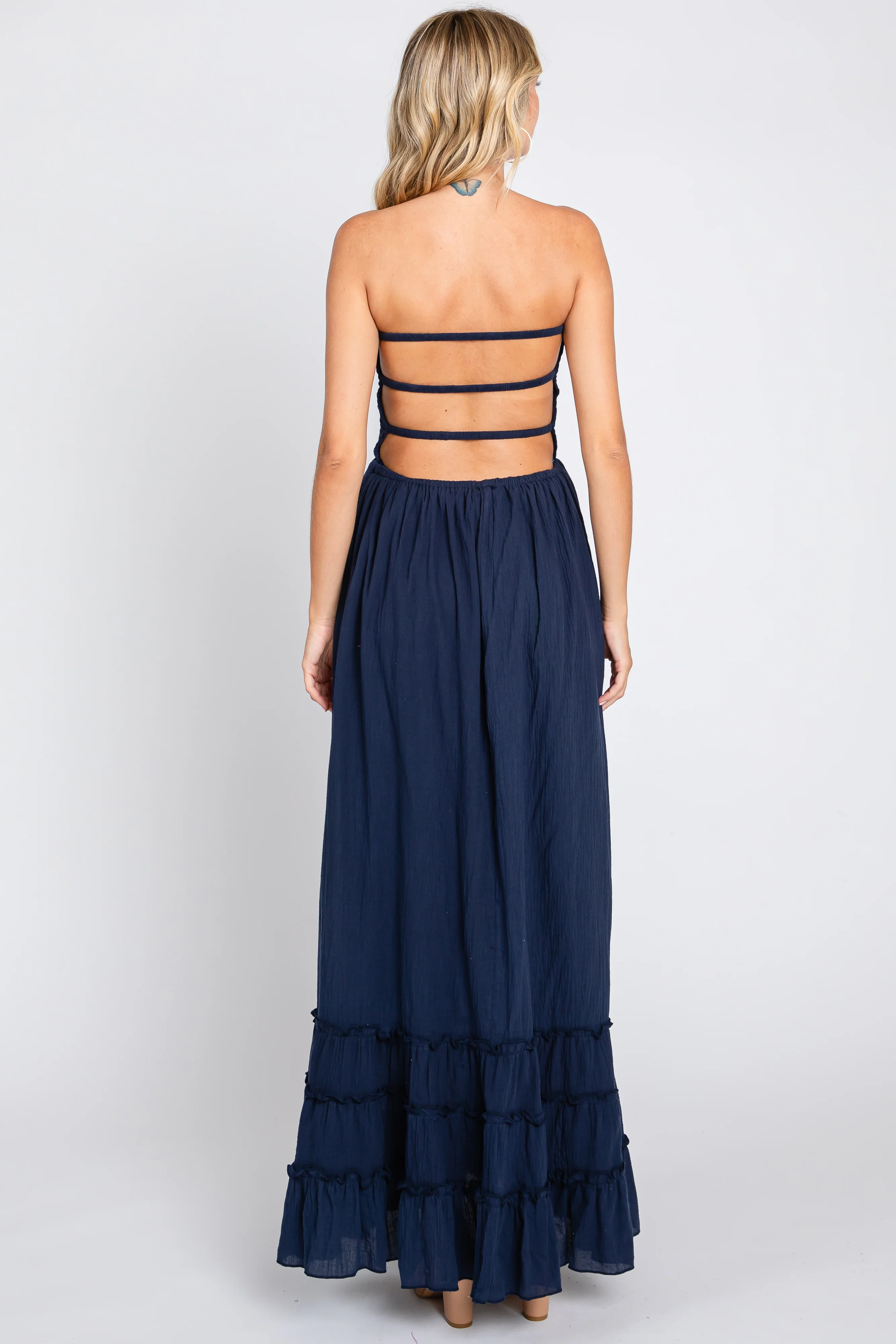 Navy Smocked Cutout Back Maxi Dress - Image 3