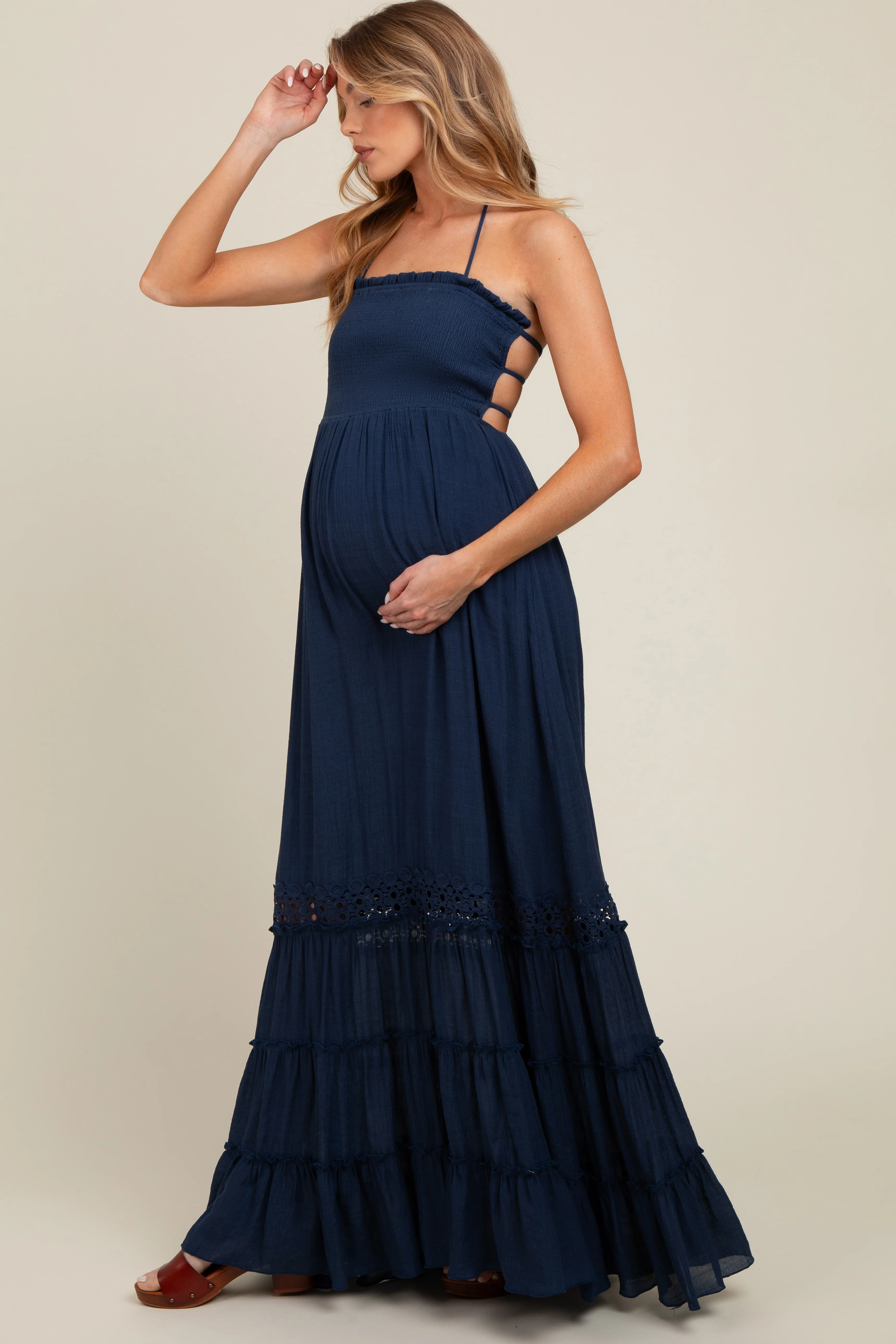 Navy Smocked Open Back Maternity Maxi Dress - Image 3