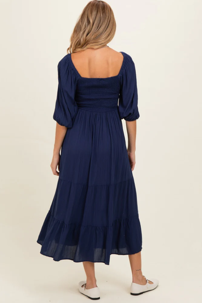 Navy Smocked Puffed Sleeve Maternity Maxi Dress - Image 3